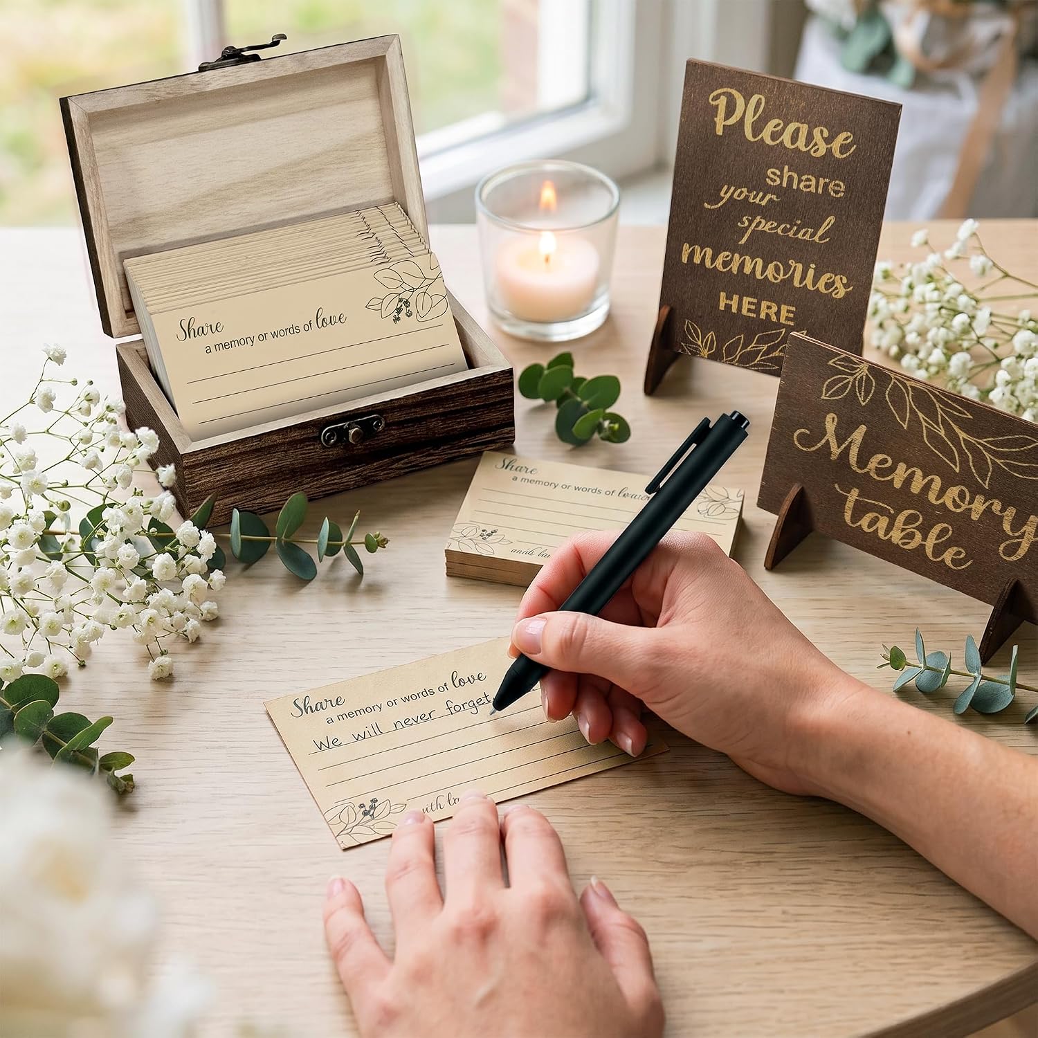 Celebration of Life Memory Box Set with 100 Share a Memory Cards, Wooden Memory Keepsake Box, Memory Table Signs with 5 Pens for Funeral Memorial Service Decorations