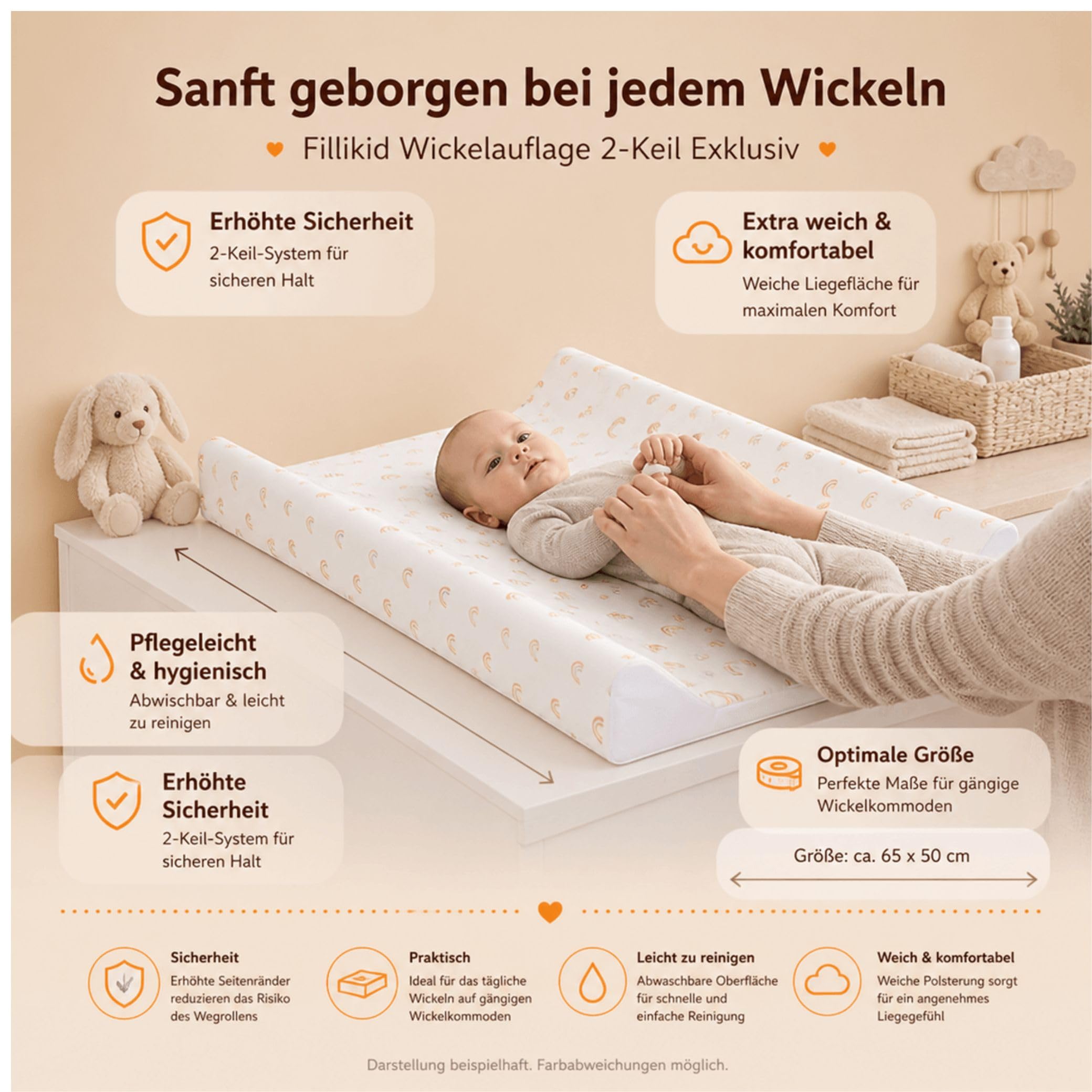 Fillikid Wickelauflage 2-Keil Exklusiv/Wickelmulde 50x65 cm/Wickelunterlage mit abwaschbarer Folienbezug/geeignet für schwedische Kommoden/weiche Thermovliesfüllung/Auflage Wickeltisch