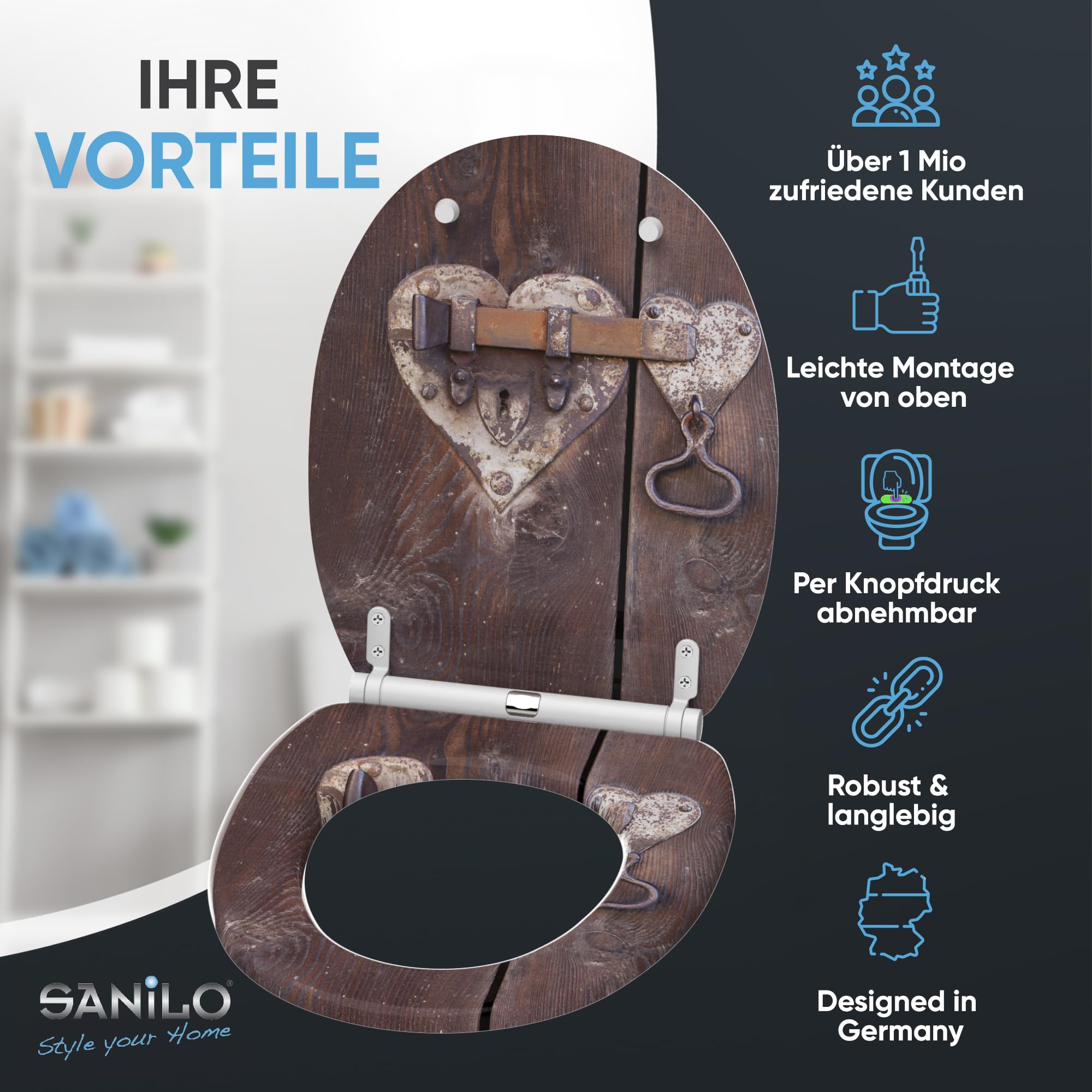 Sanilo WC Sitz mit Absenkautomatik & Quick-Release aus Holz, Türschloss