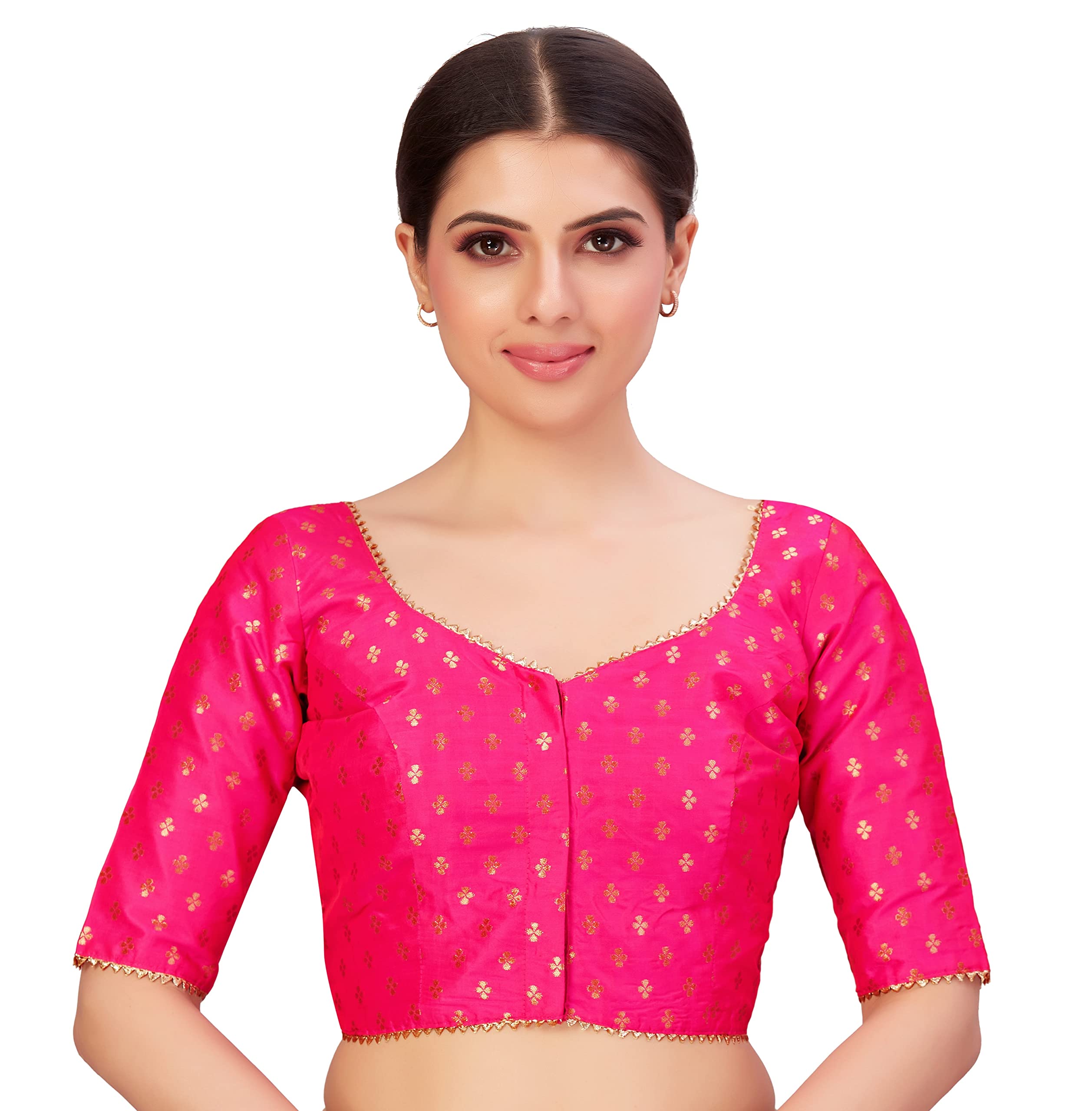 Studio ShringaarWomen's Polyester Elbow Length Sleeves Banarasi Saree Blouse