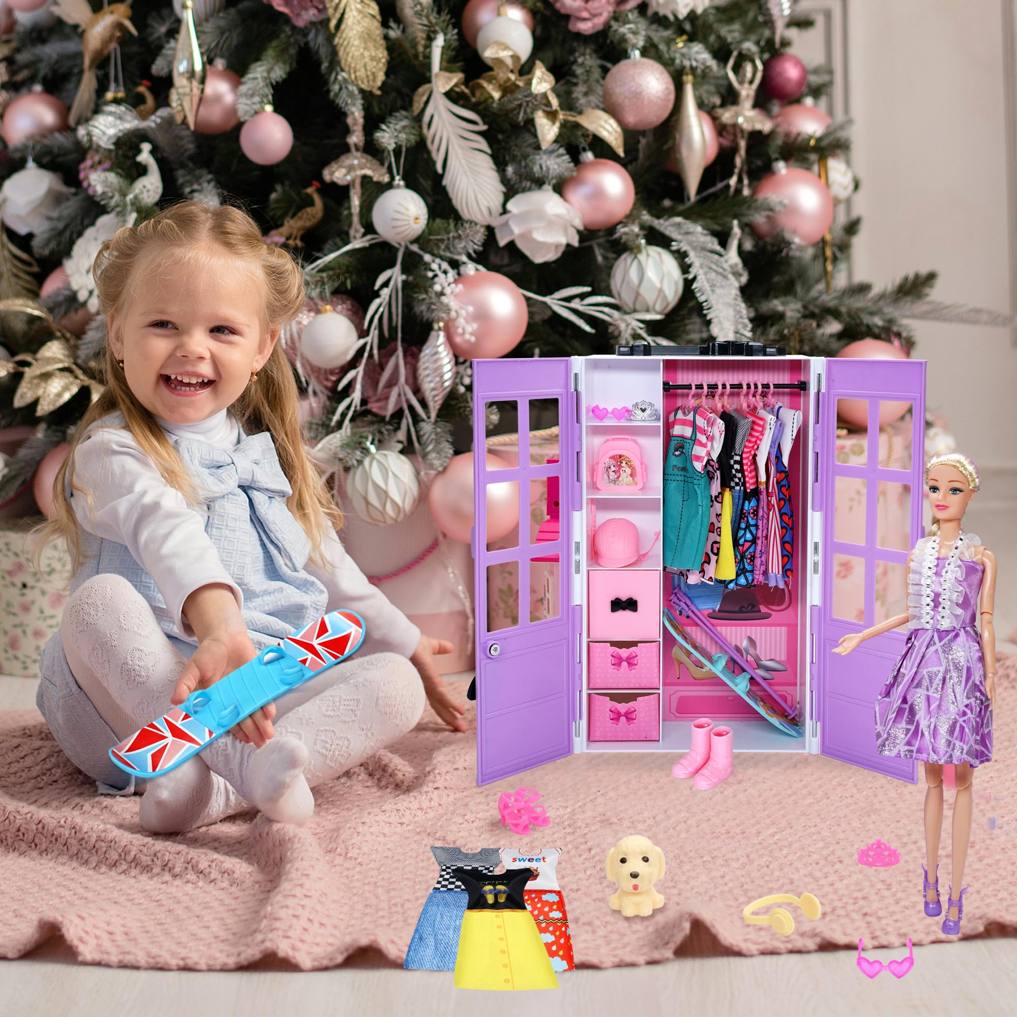 Sidola Doll Closet Kleidung und Accessoires - 135-teilig mit Stauraum für Puppen, Kleiderschrank-Set, Prinzessinnen-Fashion-Pack mit Brautkleid/Dress/Highheels/Kleidung