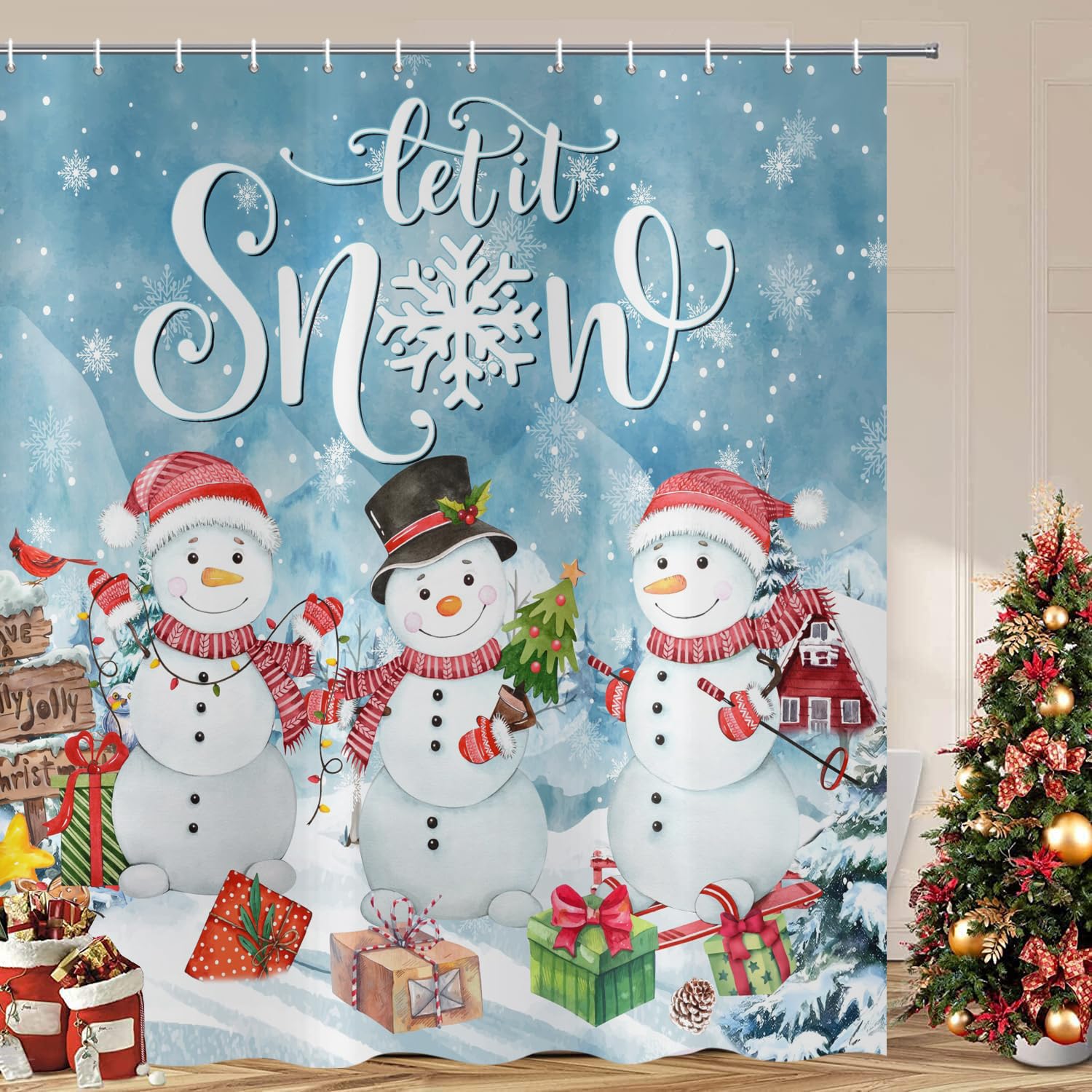 ASDCXZ Christmas Shower Curtain 180x180 cm, Cartoon Cute Snowman Christmas Tree Snowflake Washable Bathroom Shower Curtains Polyester Textile Waterproof Shower Curtain for Bathtub with 12 Hooks