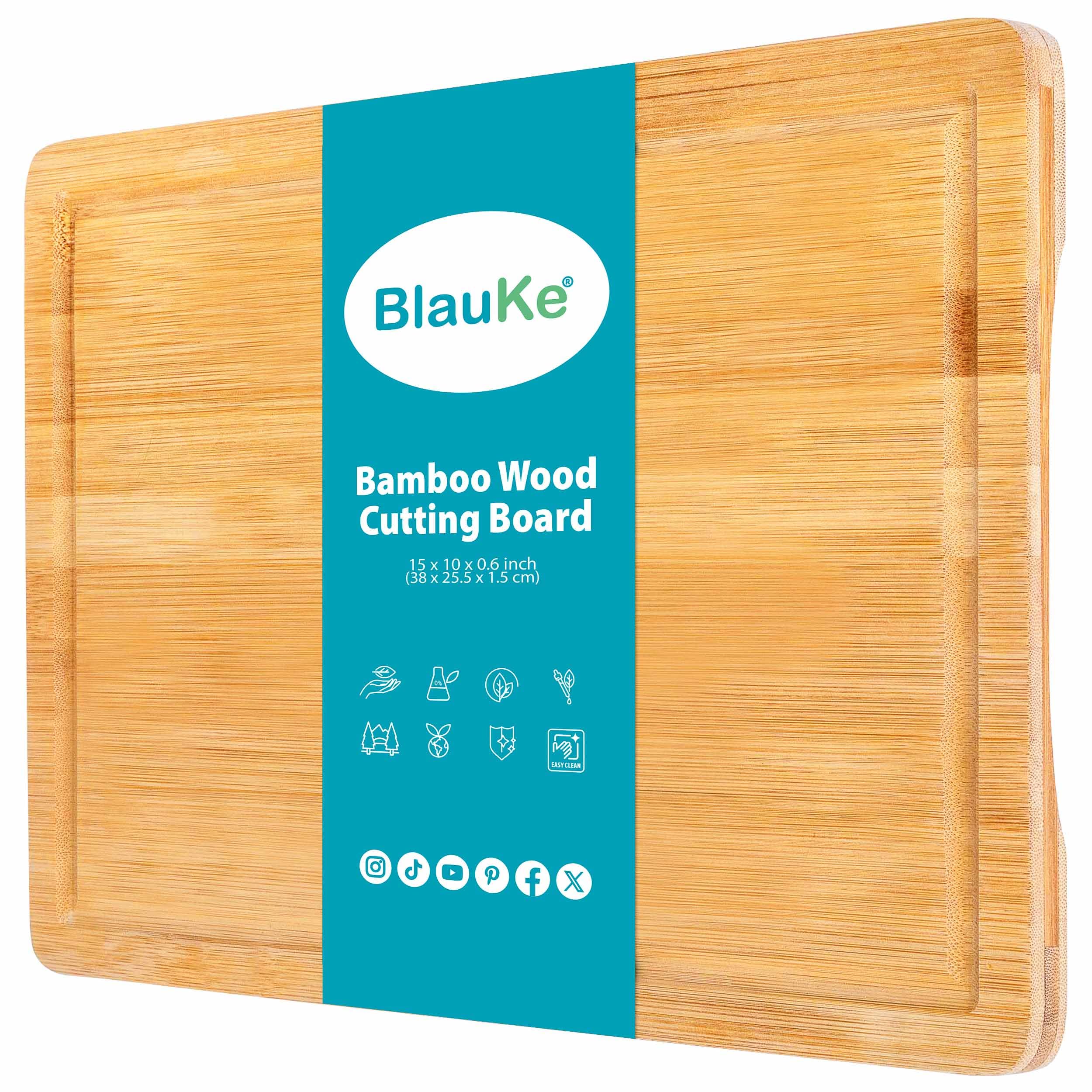 Wood Cutting Board for Kitchen – 15x10" Large Bamboo Cutting Board with Juice Groove and Handles – Wooden Chopping Board, Serving Tray – BlauKe®