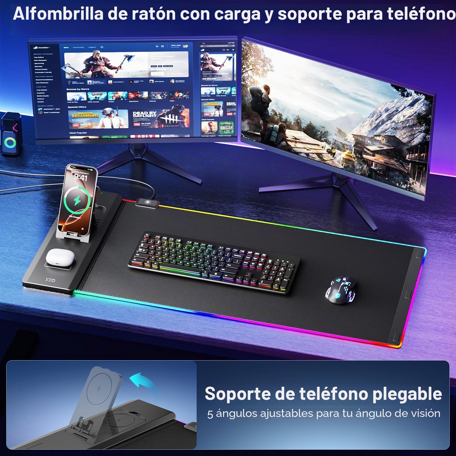 KDD LED Alfombrilla Ratón Gaming con 15W Carga Inalámbrica, Tapete Escritorio con Soporte Móvil Plegable, Mouse Pad XXL Antideslizante para Juegos Accesorios Gaming PC Auriculares Reloj (70x33cm)