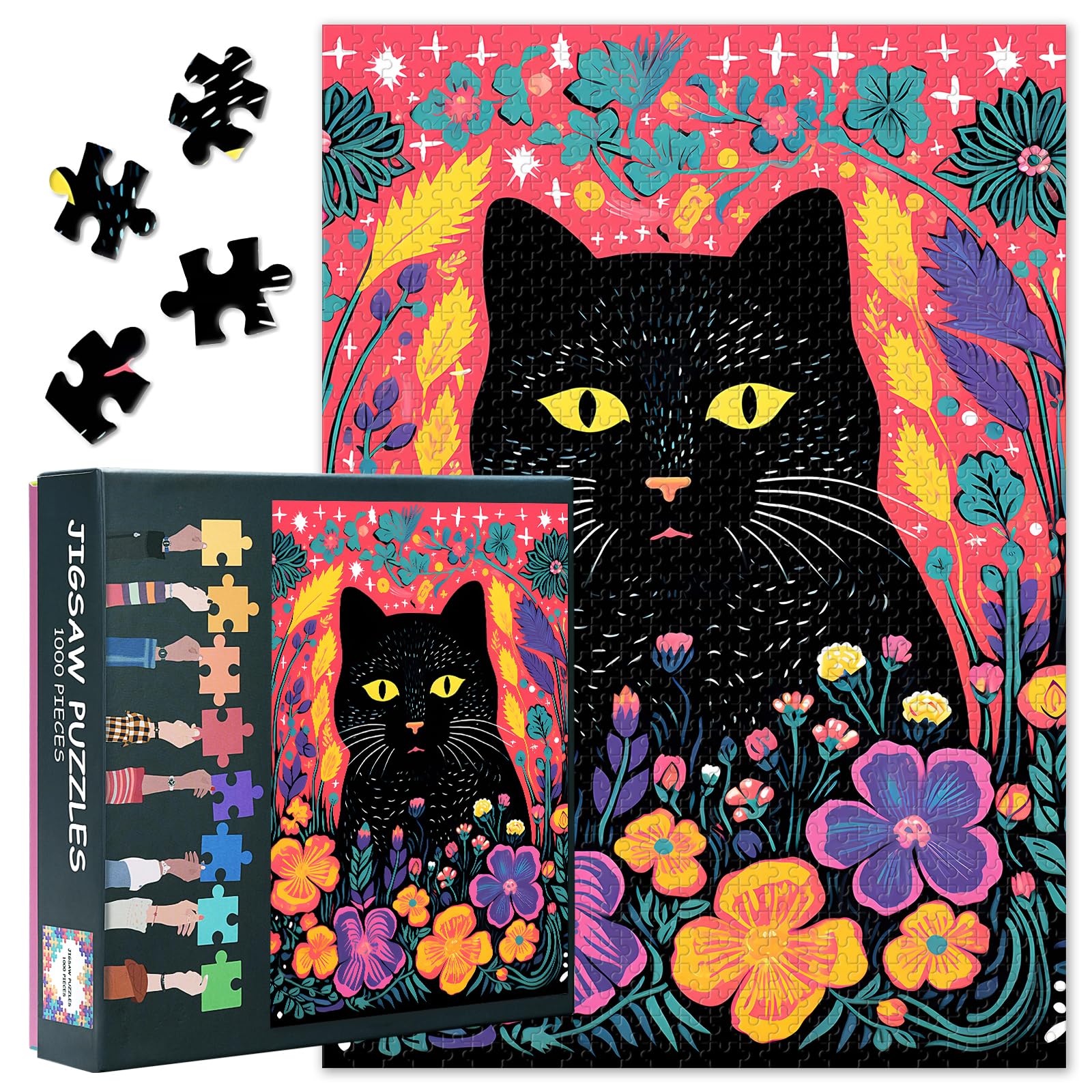 Jigsaw Puzzle - Black Cat Art, Puzzles for Adults 1000 Piece (Animals Series), Blooming Flowers Challenging Jigsaw Puzzles for Adults 1000, Educational Games Home Decoration (27.5"x19.7")