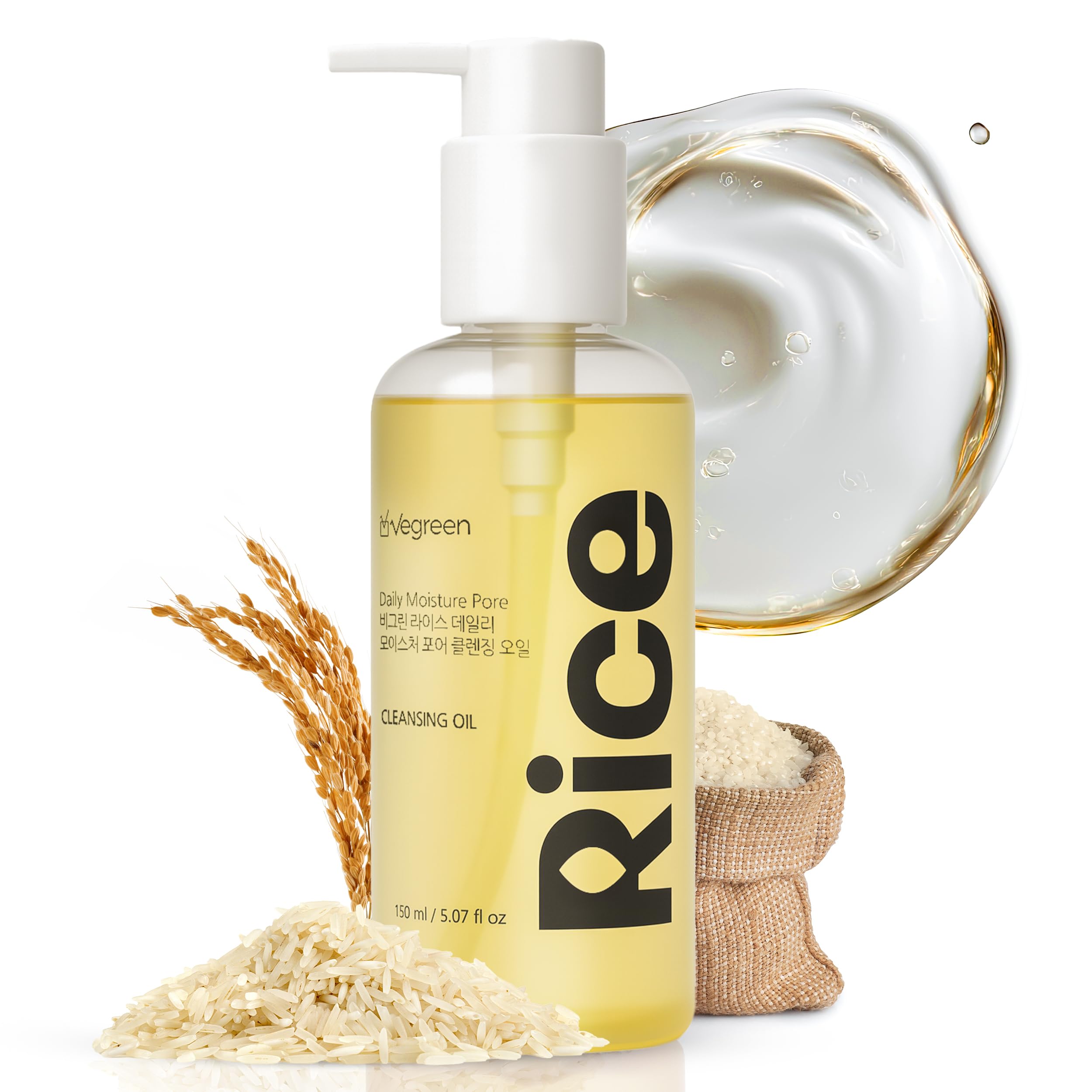 VEGREEN Rice Daily Moisture Pore Cleanser Oil – Cleanser for Face & Makeup Removal, Deep Pore Control & Hydrating Korean Cleansing for Oily & Sensitive Skin, 7-Plant Oil Complex - 5.07 fl oz