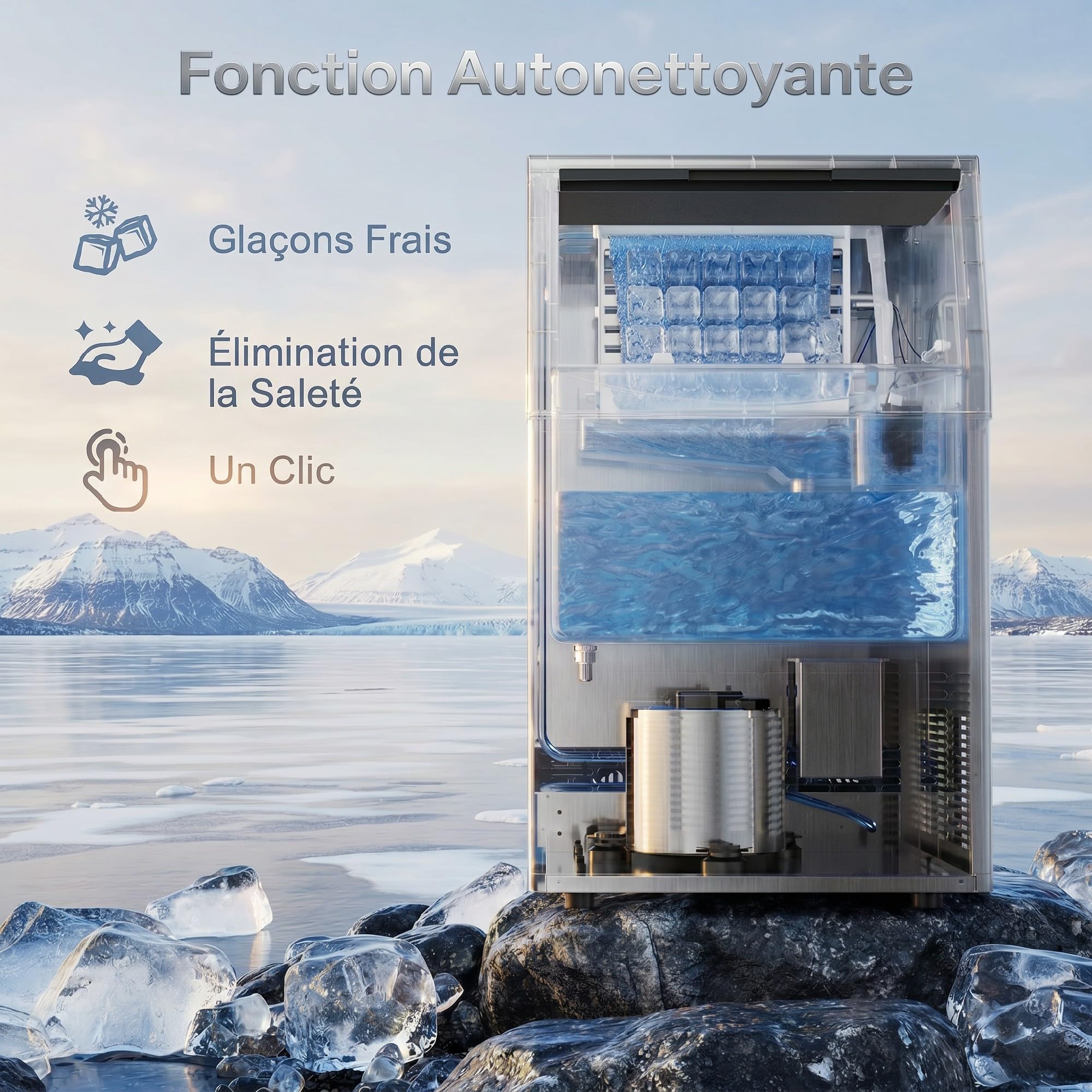 HOMCOM Machine à Glaçons Commerciale 36 kg/24H, Ice Maker Professionnel en inox, 36 Cubes toutes les 10 Minutes, Fonction Nettoyage Automatique, Minuterie, Encastrable ou Pose Libre, Argenté