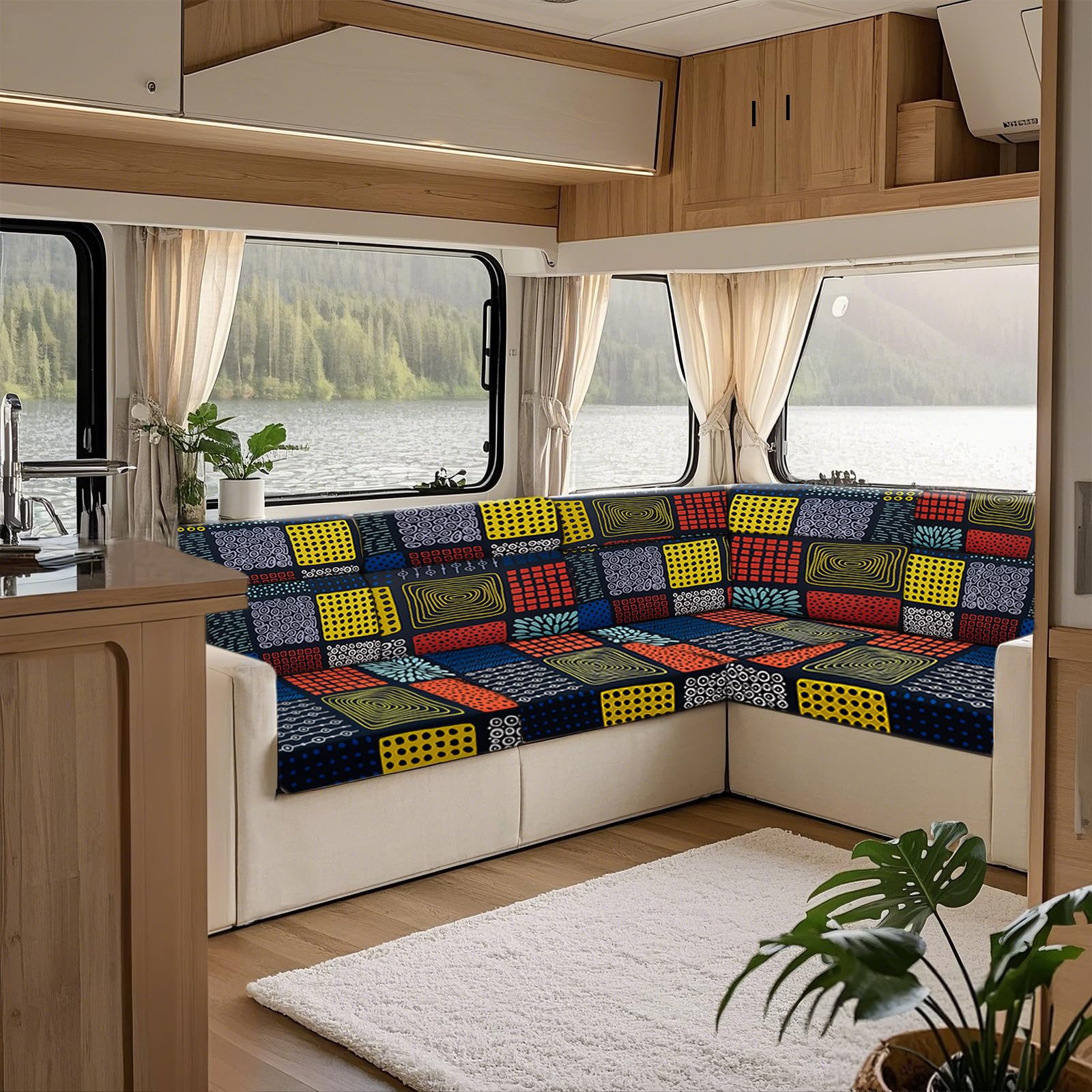 KYJSW Printed Sofa Seat Cushion Cover, Stretch Non Slip RV Dinette Cushion Covers With 2 Straps, For Couch/Caravan/Camper/Car/Bench (Orange-Blue,W 65-95cm, D 65-95cm)