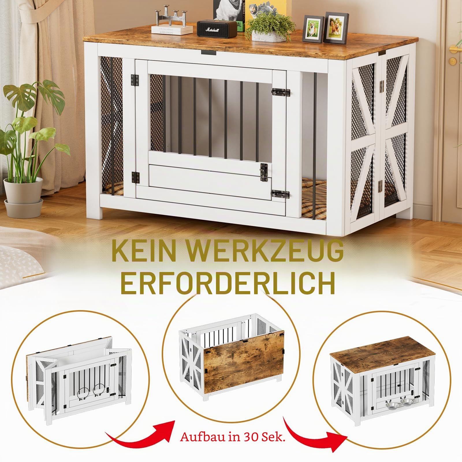104,9 cm große Hundebox Möbel Faltbare Holzhütte für Hunde (15,9-27,2 kg) mit 2 Näpfen, Indoor Bauernhaus-Stil Beistelltisch