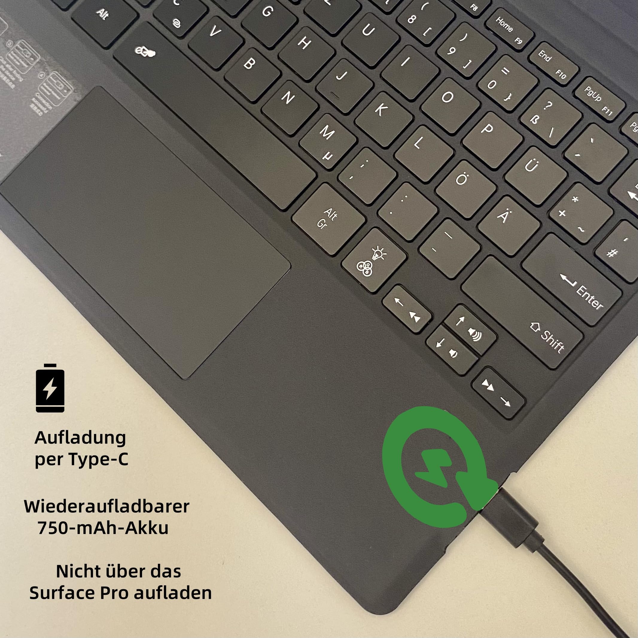 Deutsche QWERTZ Layout Tastatur für Microsoft Surface Pro 7+/7/6/5/4/3, 12.3 Zoll - Ultraflaches, Bluetooth Type Cover mit Multi-Touchpad, aufladbar (Schwarz ohne Beleuchtung) - 4