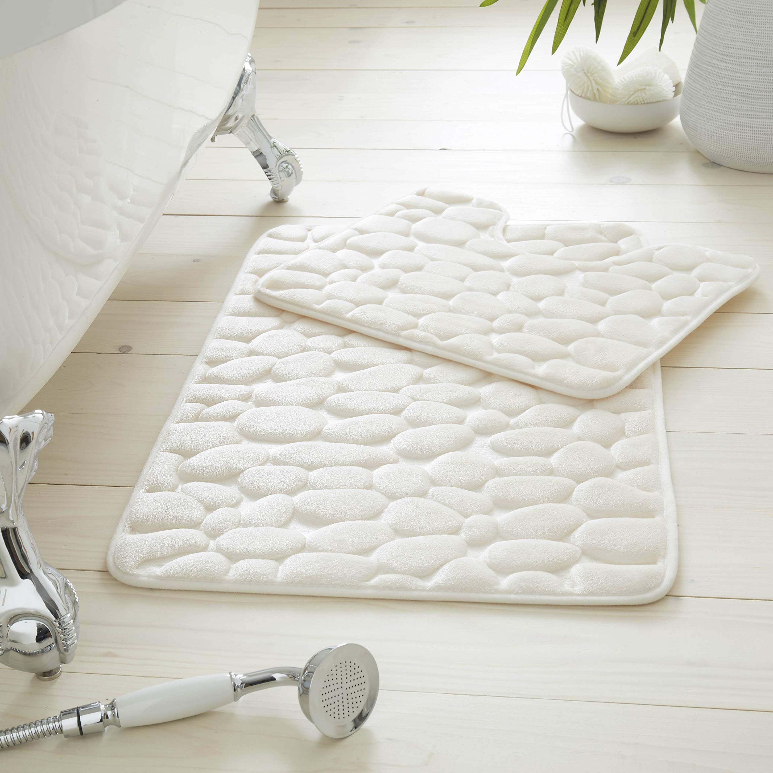 GC GAVENO CAVAILIA Premium 2 Piece Pebble Bath Mat Non Slip Pedestal Set, Extra Absorbent 100% Memory Foam Bathroom Toilet Rug, Regular (50x80, 50x40 cm), Cream