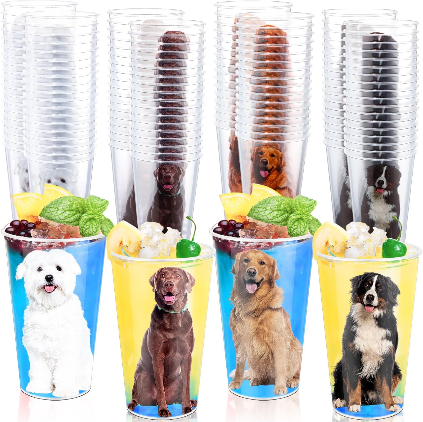 100 Pcs Dog Party Cups Bulk 17 oz Disposable Plastic Clear Puppy Print Themed Cups for Ice Coffee Juice Birthday Baby Shower Classroom Party Supplies
