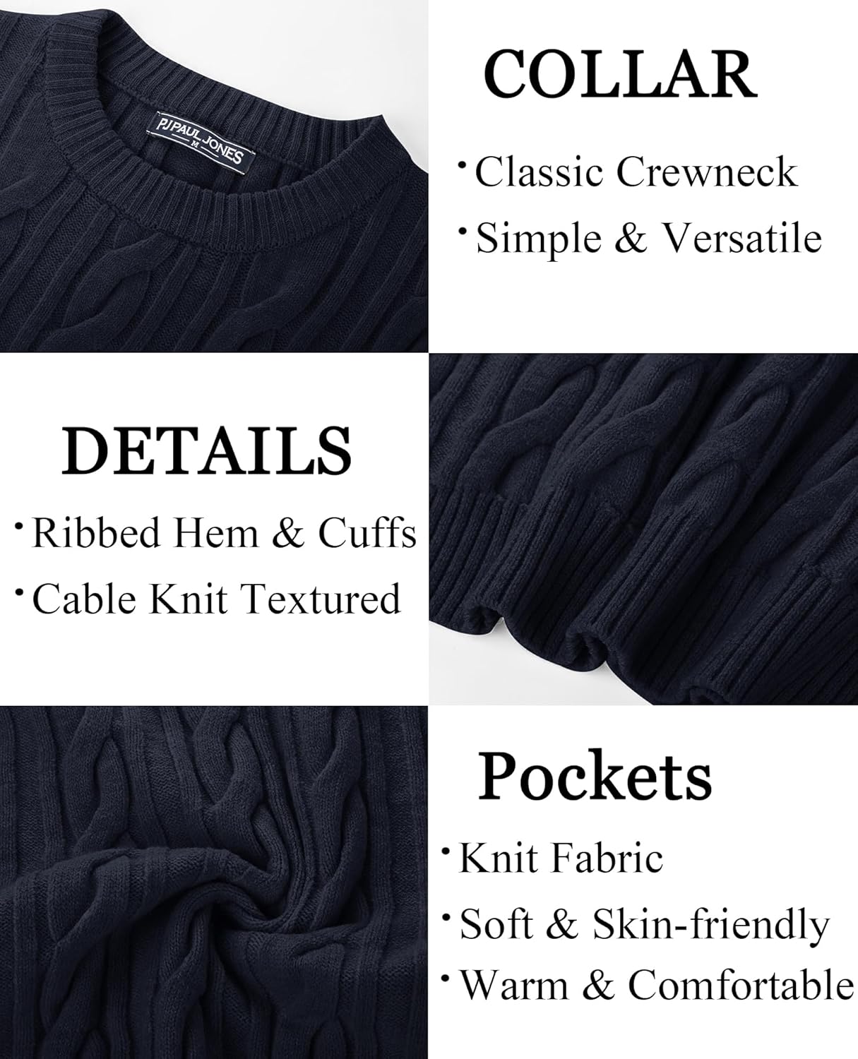 PJ PAUL JONES Mens Sweater Crewneck Cable Knit Pullover Sweater Casual Twist Textured Sweaters - Image 5