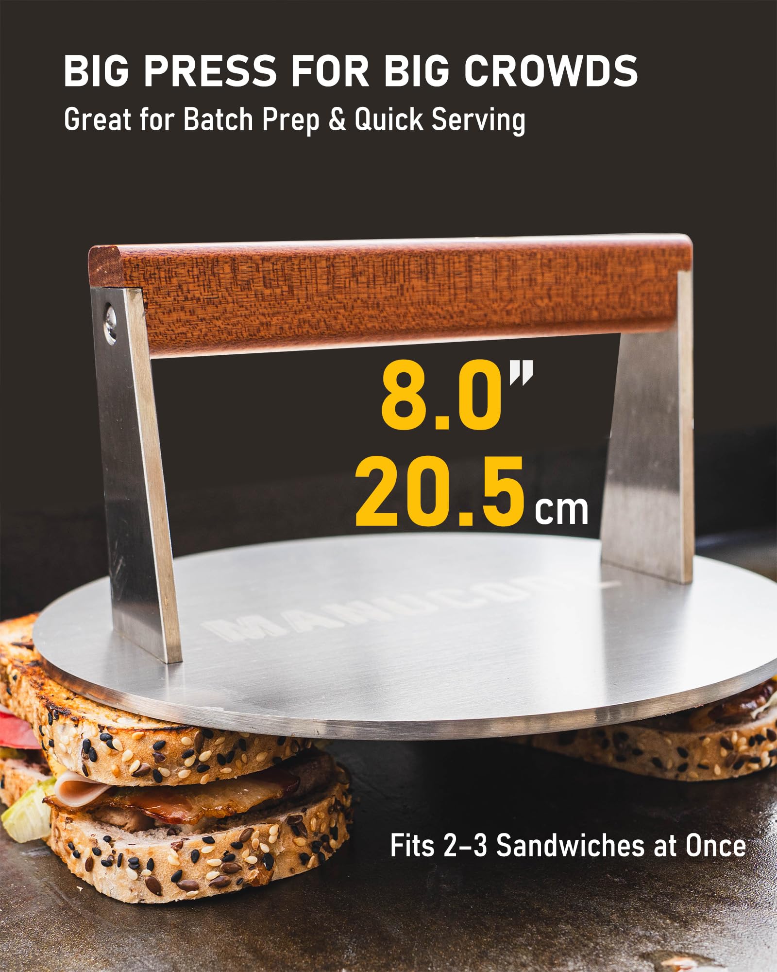 Burgerpresse aus Edelstahl, schweres Speckgewicht mit coolem Buchenholzgriff, rostfrei, vorheizbar für Steak, gegrillte Käsesandwiches und Kochen mit flacher Oberseite (20,5 cm, rund)