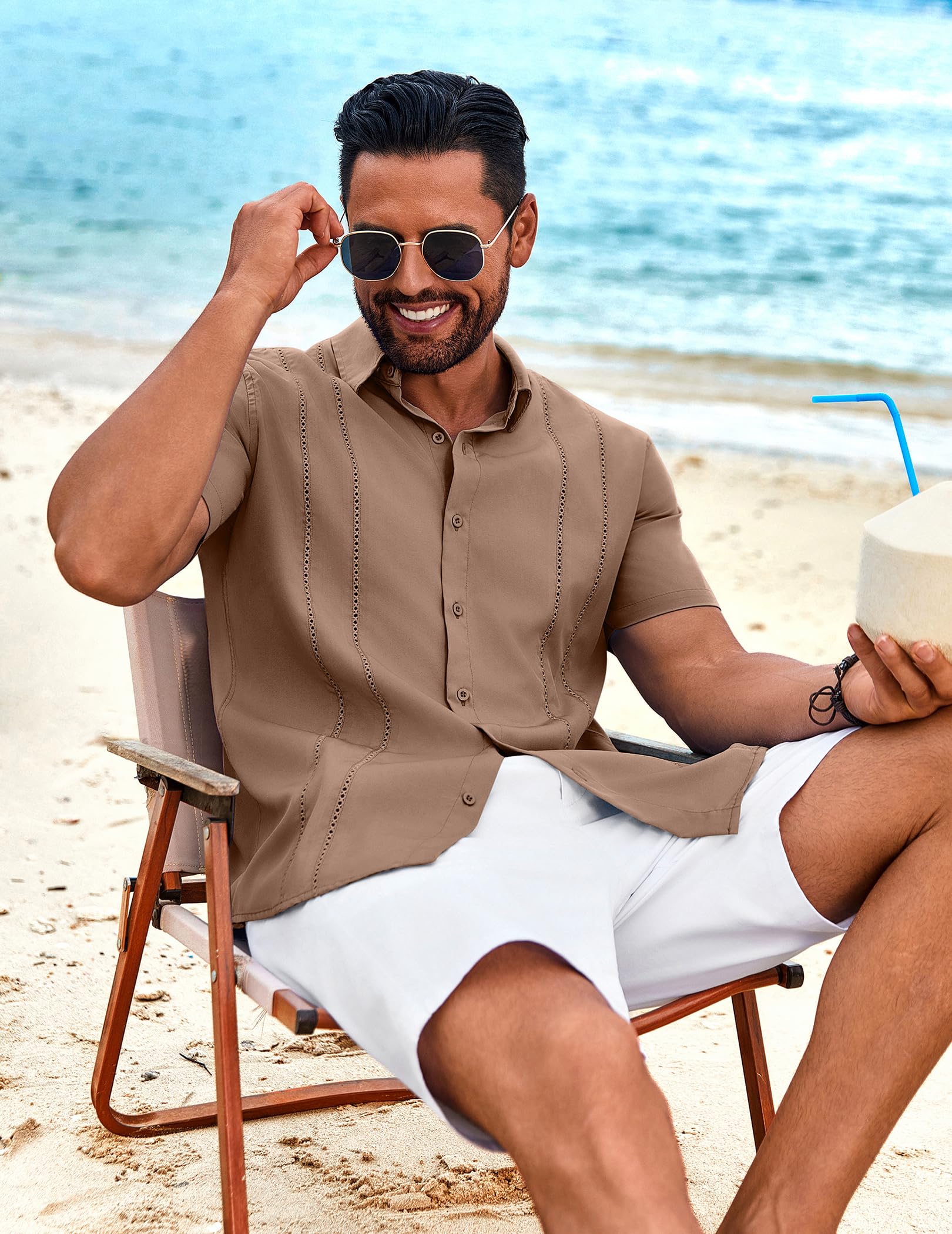 COOFANDY Camicia da uomo cubana Guayabera, a maniche corte, con bottoni, estiva, per spiaggia, vacanze