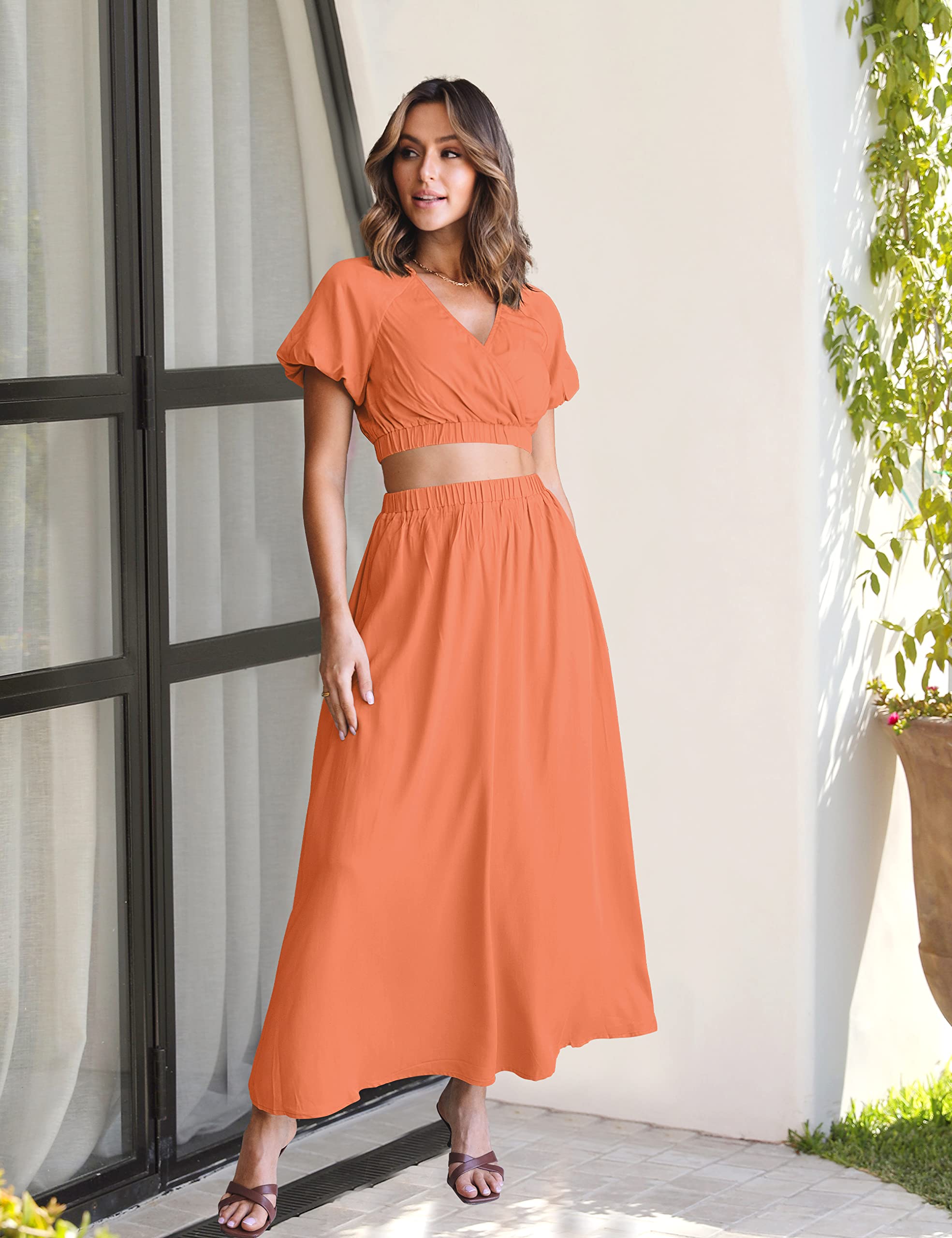 MEROKEETY Women's Summer Two Piece Outfits V Neck Puff Sleeve Crop Top and Casual A-Line Skirt Set,Orange,M