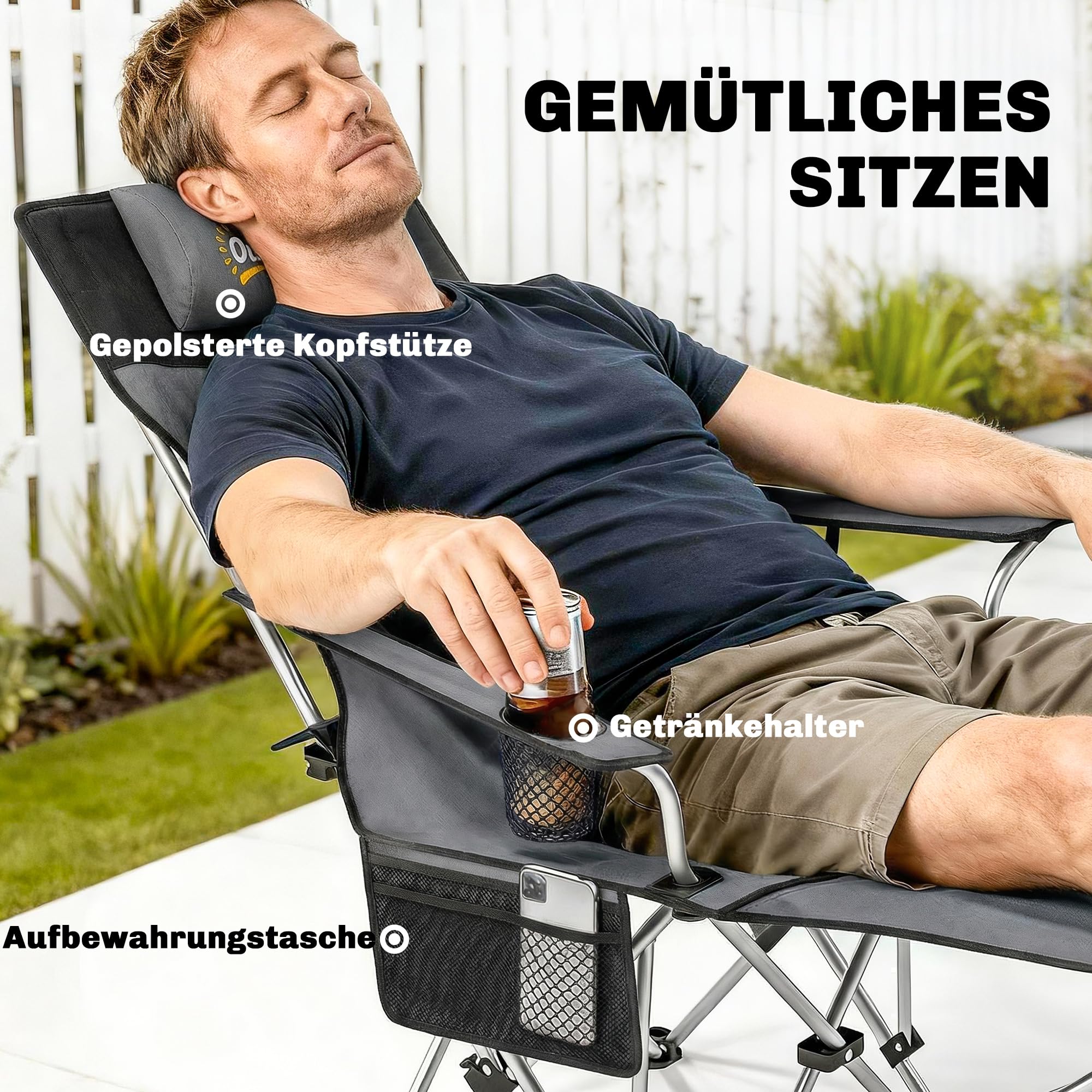 Outsunny Zestaw 2 składanych krzeseł kempingowych z podnóżkiem, uchwytem na kubek, zagłówkiem, krzesło ogrodowe, maks. obciążenie 120 kg, leżak dla dorosłych, krzesło plażowe, krzesła kempingowe