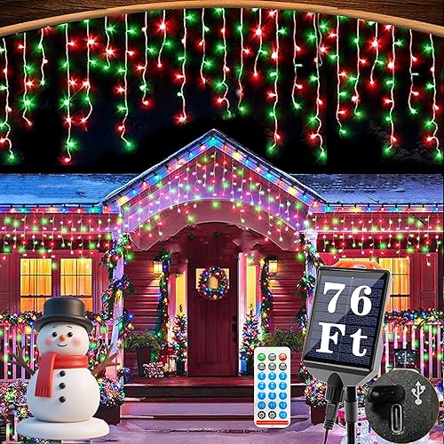 Miniatura 7 de Luces de Carámbano Navideñas Solares Mejoradas de 640 LED para Exteriores Impermeables, 60+16 pies, 13 Modos y Luz de Carámbano con Energía Solar