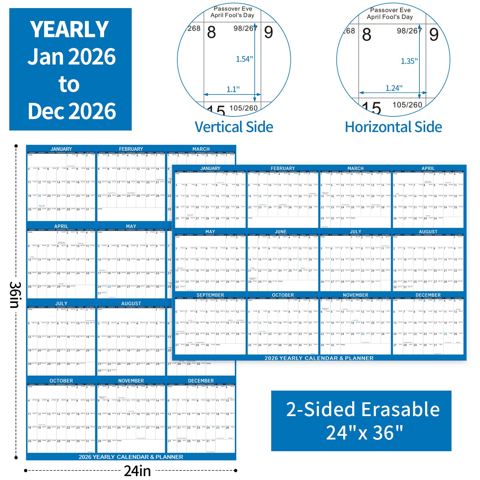 Calendario da parete 2026, 61 x 91,4 cm, cancellabile a secco, da gennaio 2026 a dicembre 2026, 12 mesi, annuale, grande, per ufficio e scuola (blu)