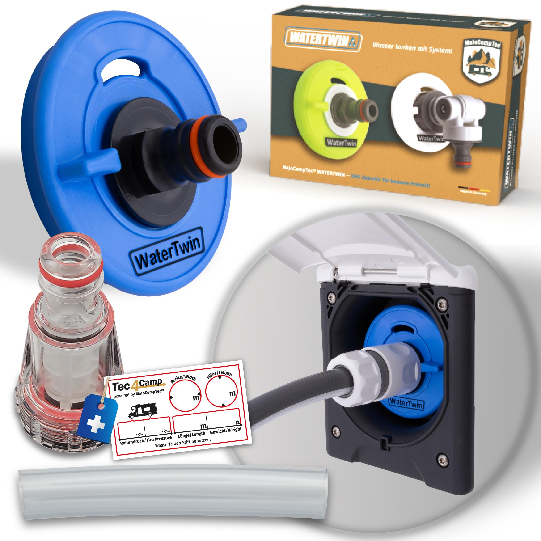 Adaptateur de bouchon de réservoir d’eau avec connexion pour système Gardena | Camping-car, caravane, bateau | Fonction de débordement et double embrayage intégré (adaptateur 3 broches D:78mm)