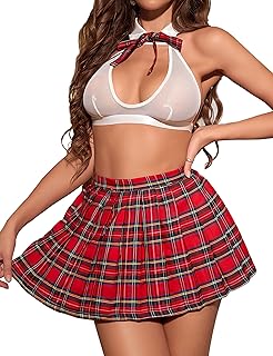 Yishark Women Lingerie Sets Red See Through Crop Top Pleated Tartan Mini Skirt School Uniform Naughty Fancy Dress Cosplay Costume Women Sexy School Girl Outfit For Christmas Halloween Valentines