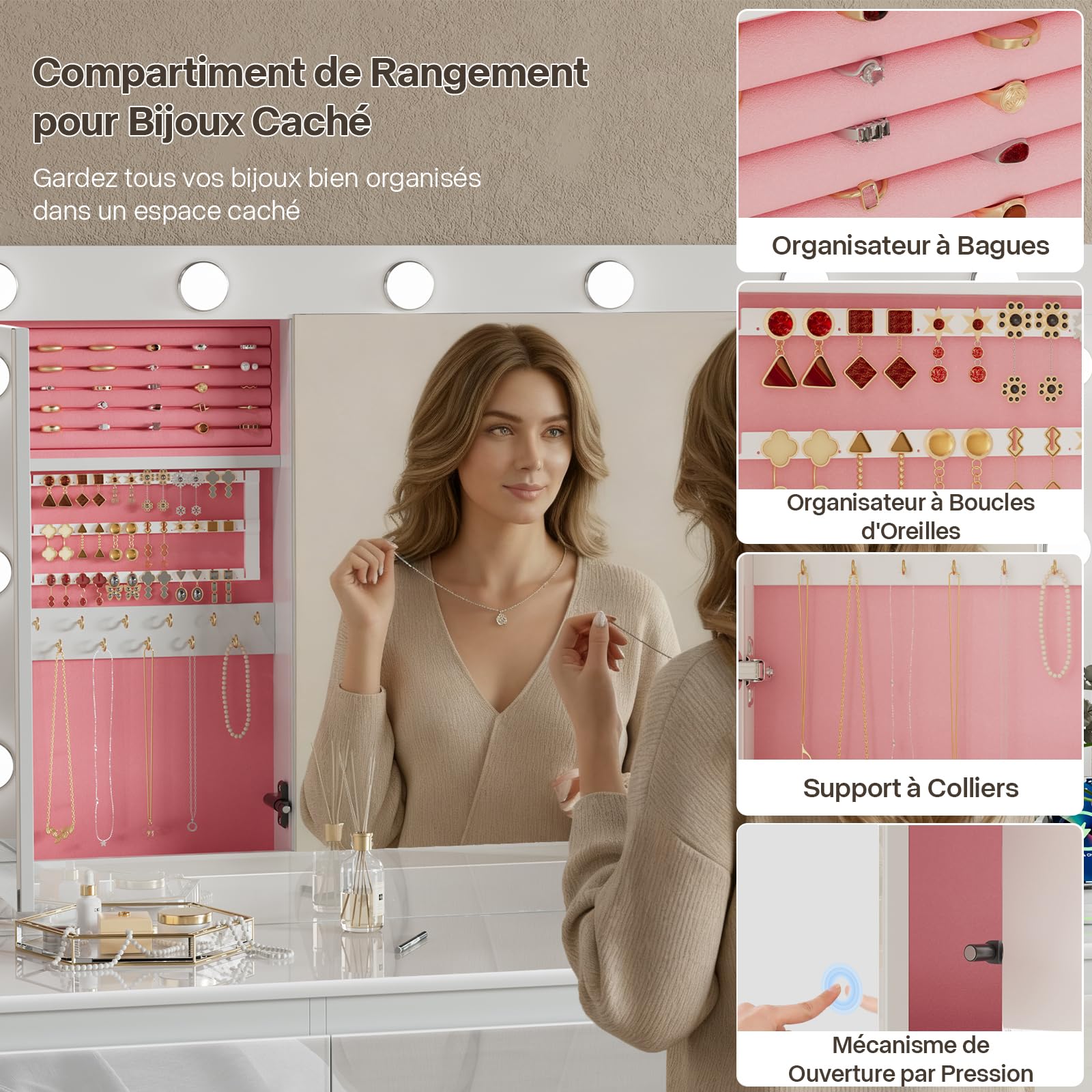 TRIUMPHKEY Coiffeuse Blanc Haute Brillance avec Grande Miroir et Multiprise, 12 Ampoules LED Réglables, Table de Maquillage avec 7 Tiroirs, Rangement de Bijoux, 120x40x140cm Grande Commode Moderne