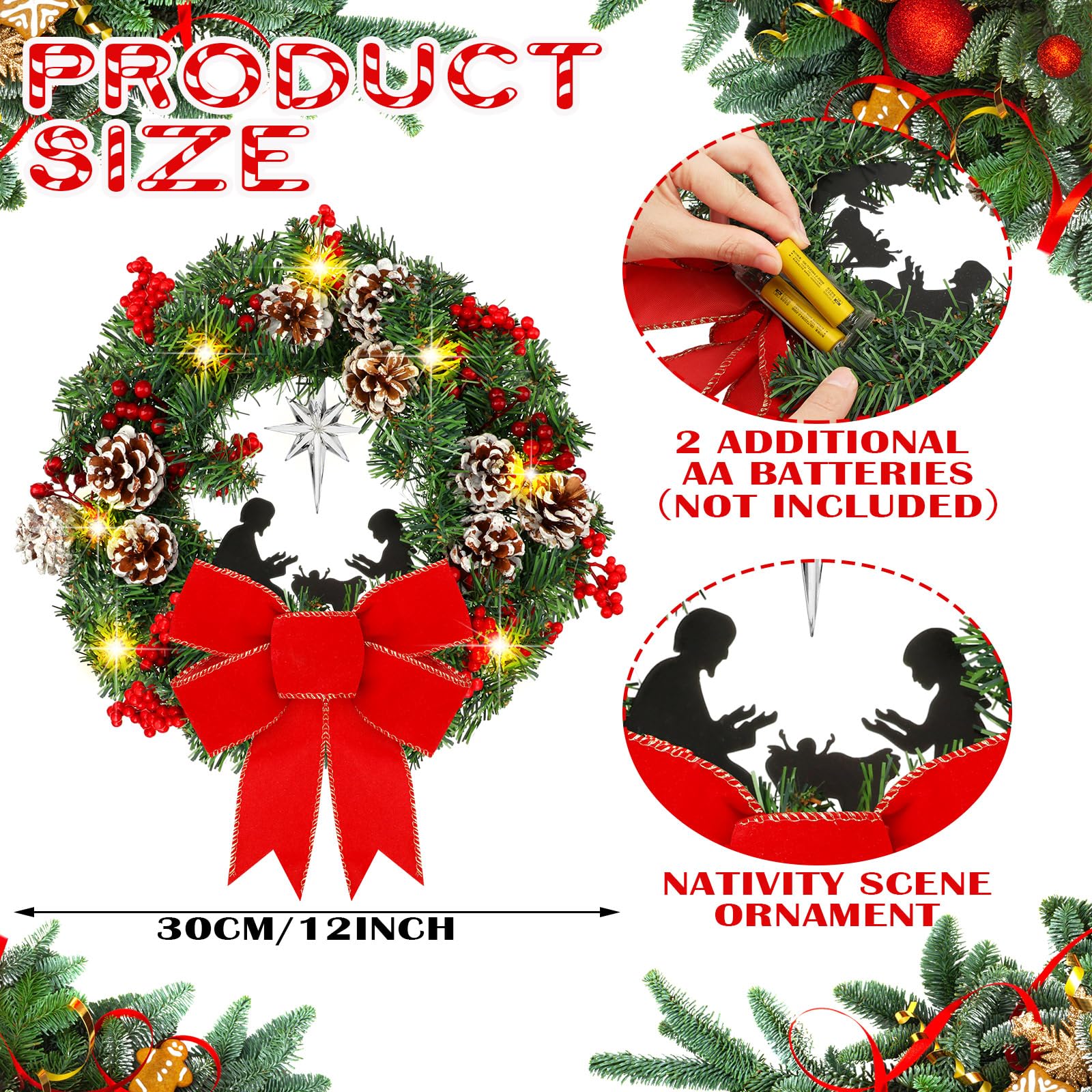Riceshoot 2 Pcs Christmas Lighted Wreath 11.8 Inches Christmas Nativity Scene Door Wreaths with Led Lights and Red Bow Ornaments Xmas Outdoor Indoor Hanger Decorations for Front Door Gate Wall Window