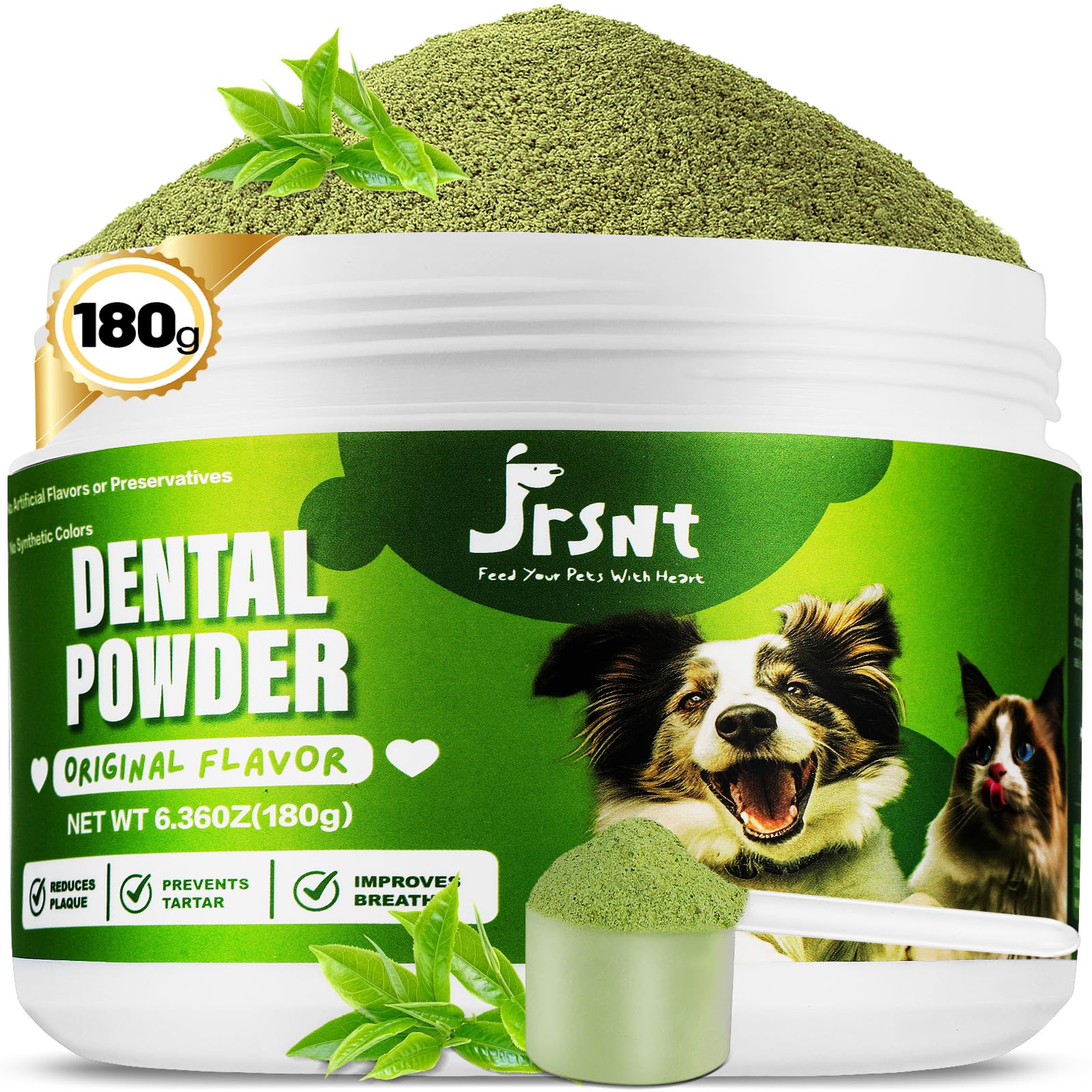 Jrsnt Dog Dental Powder, Dog Teeth Cleaning Powder, Natural Herbal Blend with 5 Probiotics and Lysozyme, Plaque Off Pet Tooth Cleaning, Bad Breath &Tartar Remover for Dogs All Breeds-180g Large Size
