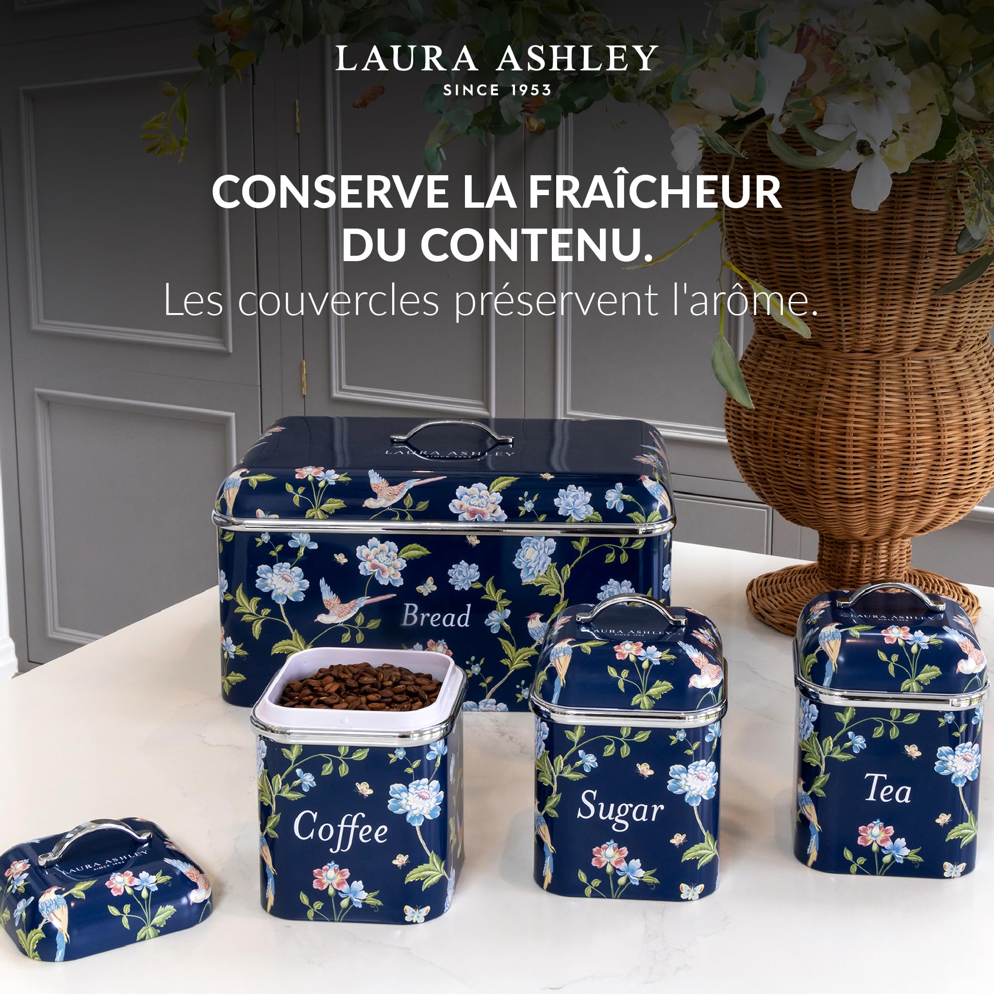 VQ Ensemble de 3 bocaux de rangement pour thé, café et sucre Laura Ashley, motif marin Elveden, élégante boîte de rangement en fer-blanc avec couvercle (Marine Elveden)