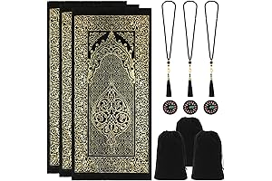 3 Sets Islamic Prayer Rug with Prayer Beads and Portable Compass