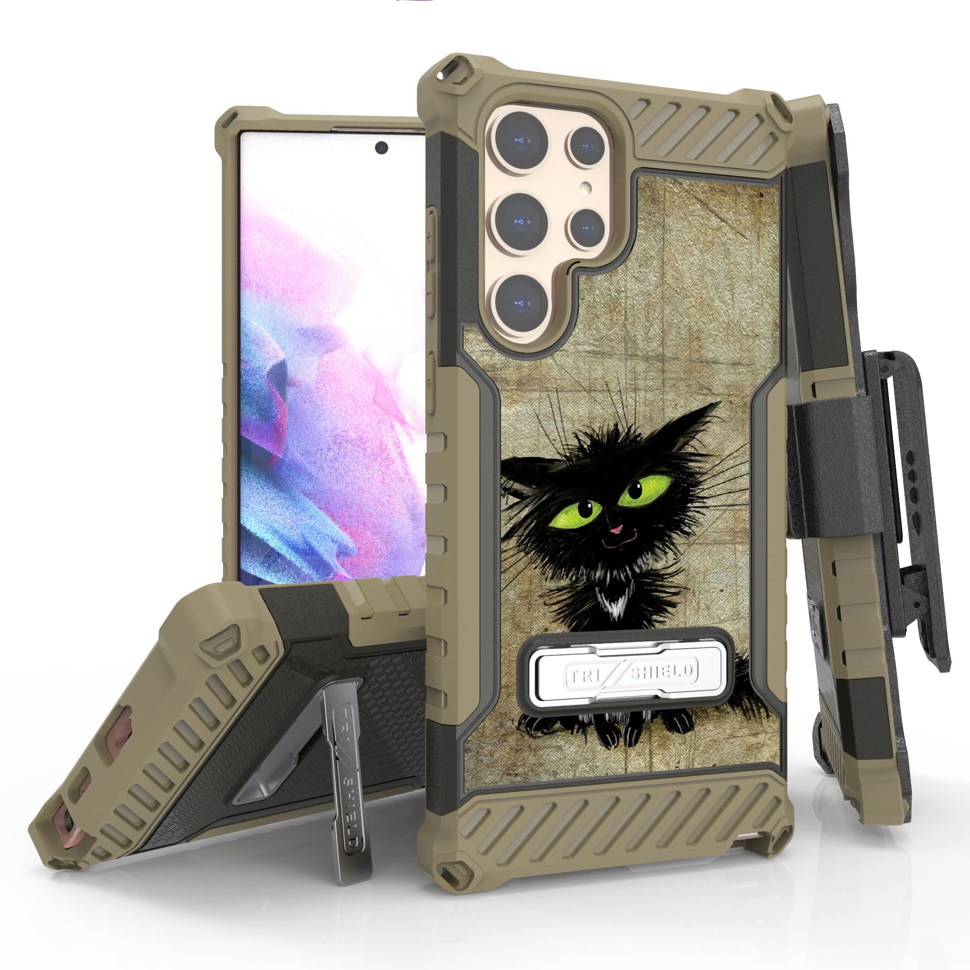Beyond Cell Tri-Shield Kickstand Phone Case with Belt Clip Holster Compatible with Samsung Galaxy S22 Ultra Military Grade Tested Rugged High Impact Shockproof Protection Black Kitty