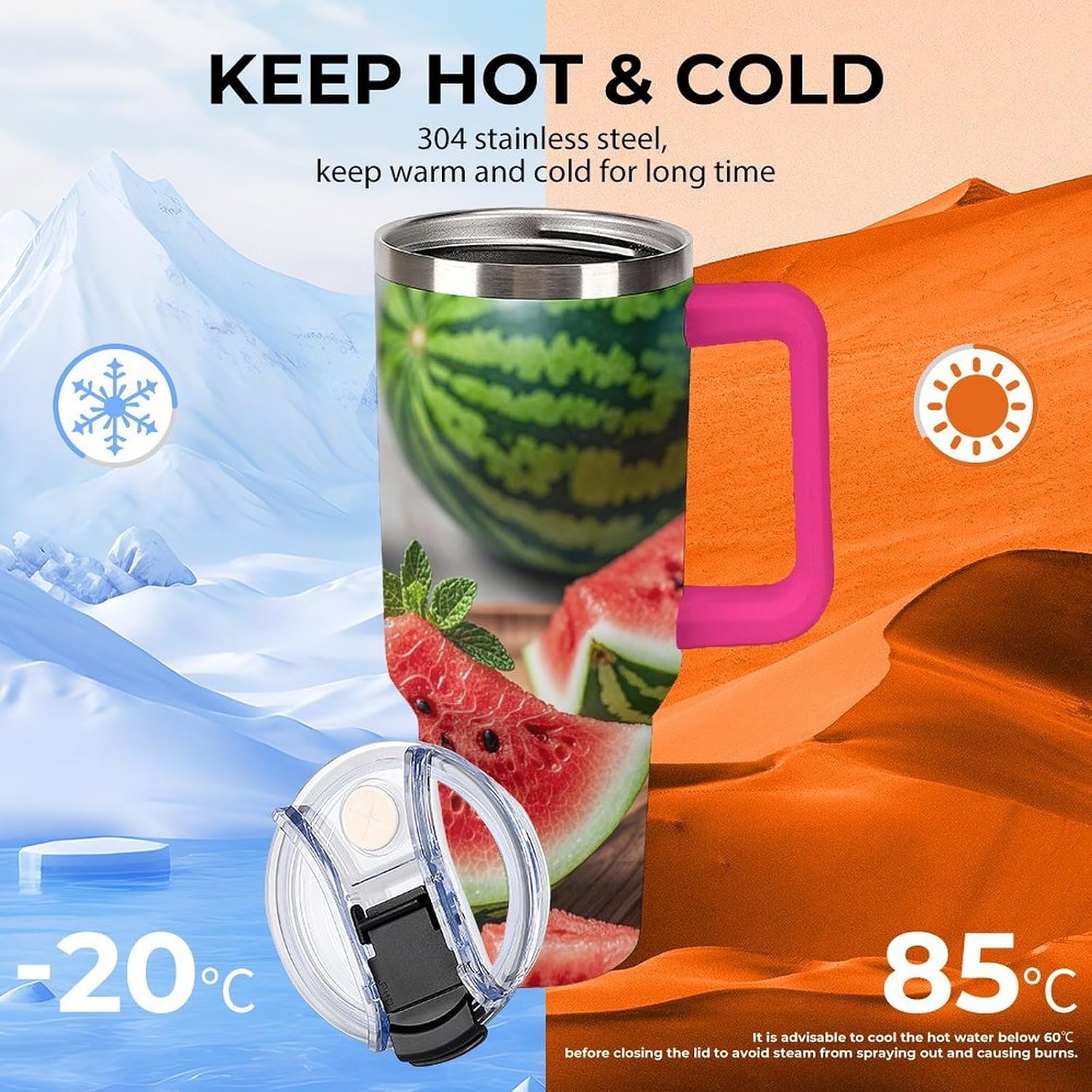 Watermelon Lemon Travel Coffee Mug Reusable Durable Stainless Steel Insulated Tumbler with Handle And Straw Leak Resistant Portable Thermal Cup Gifts for Men Women 40 Oz