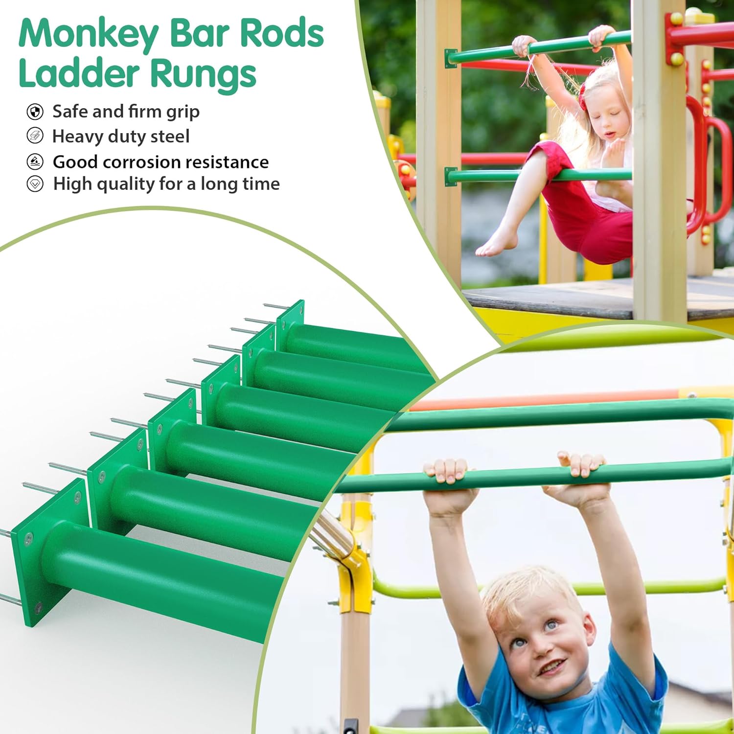 12 PCS DIY Monkey Bar Kit, Backyard Monkey Bars Indoor for Kids Ceiling, Safety Grab Handles for Playground Ladder Rungs Swing, Steel Stand Alone Climbing Bars for Outdoor (Green, 16.5 Inch)