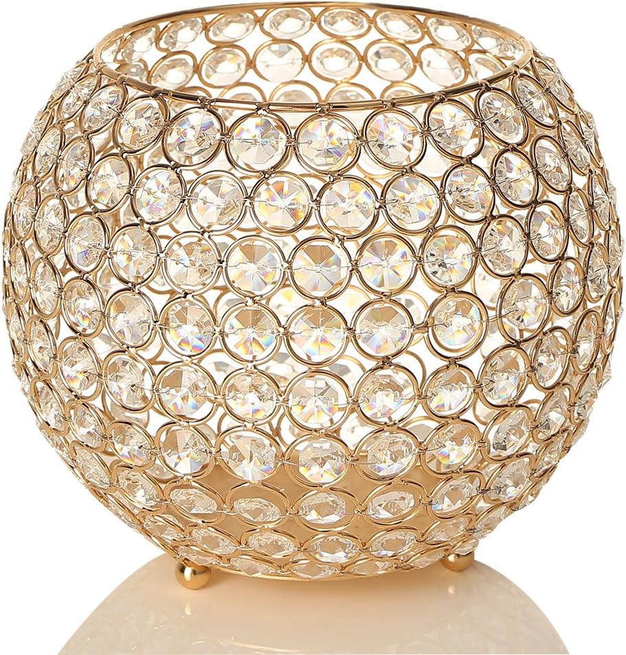 VINCIGANT Gold Crystal Bowl Candle Holders Centerpieces for Dining Room Table/Decoration Candelabra/Gift Boxed/8 Inches Diameter