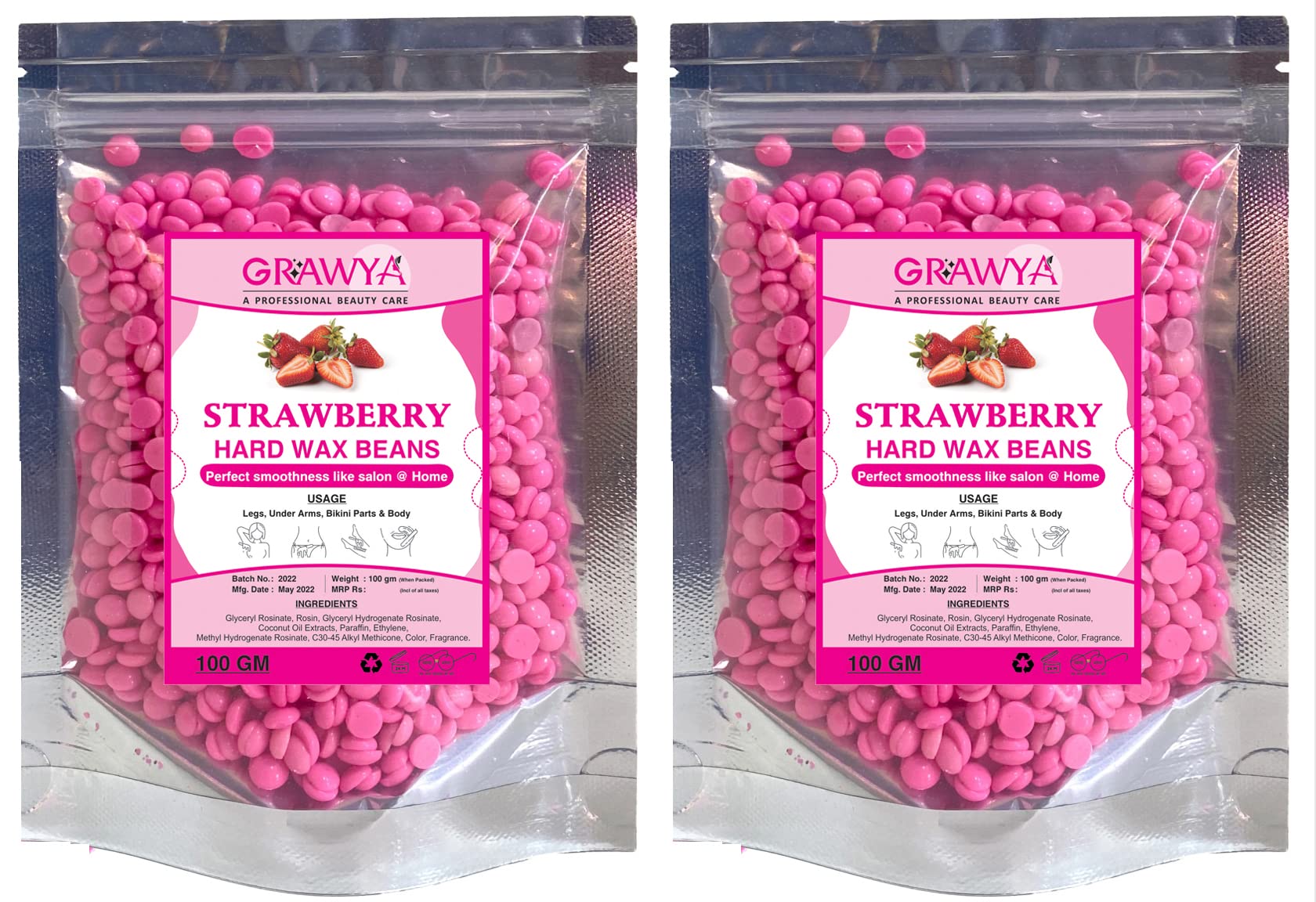 Grawya Professional Strawberry Hard Wax Beans For Beauty Skin 100 Gram ( Pack of 2) (Strawberry)