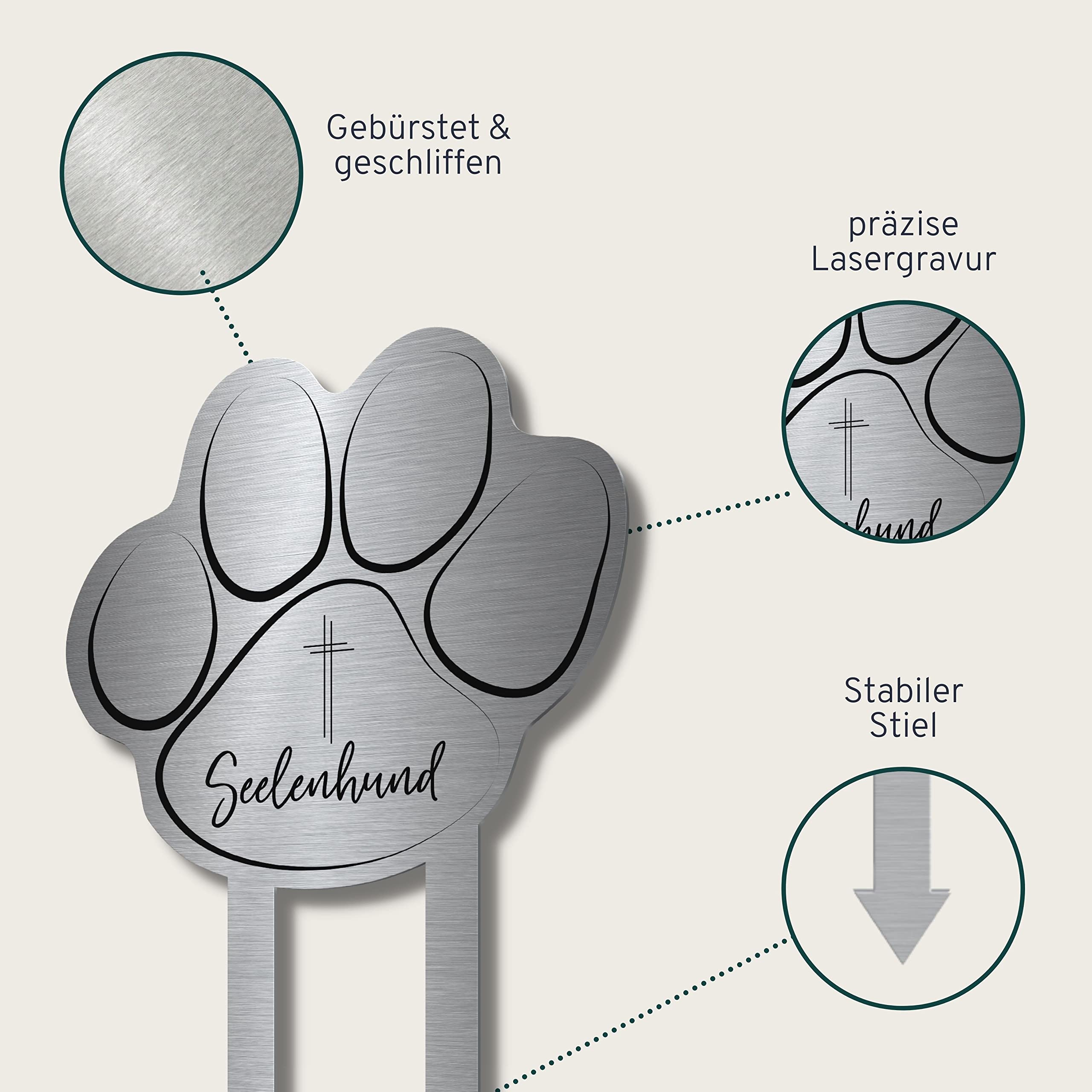 Grabstecker Herz mit Pfote aus Edelstahl mit Trauer Spruch oder Namen | Grabschmuck Hund o. Katze - persönliche Grab Deko für Tiere | wetterfest & personalisierbar für EIN Tiergrab o. Garten