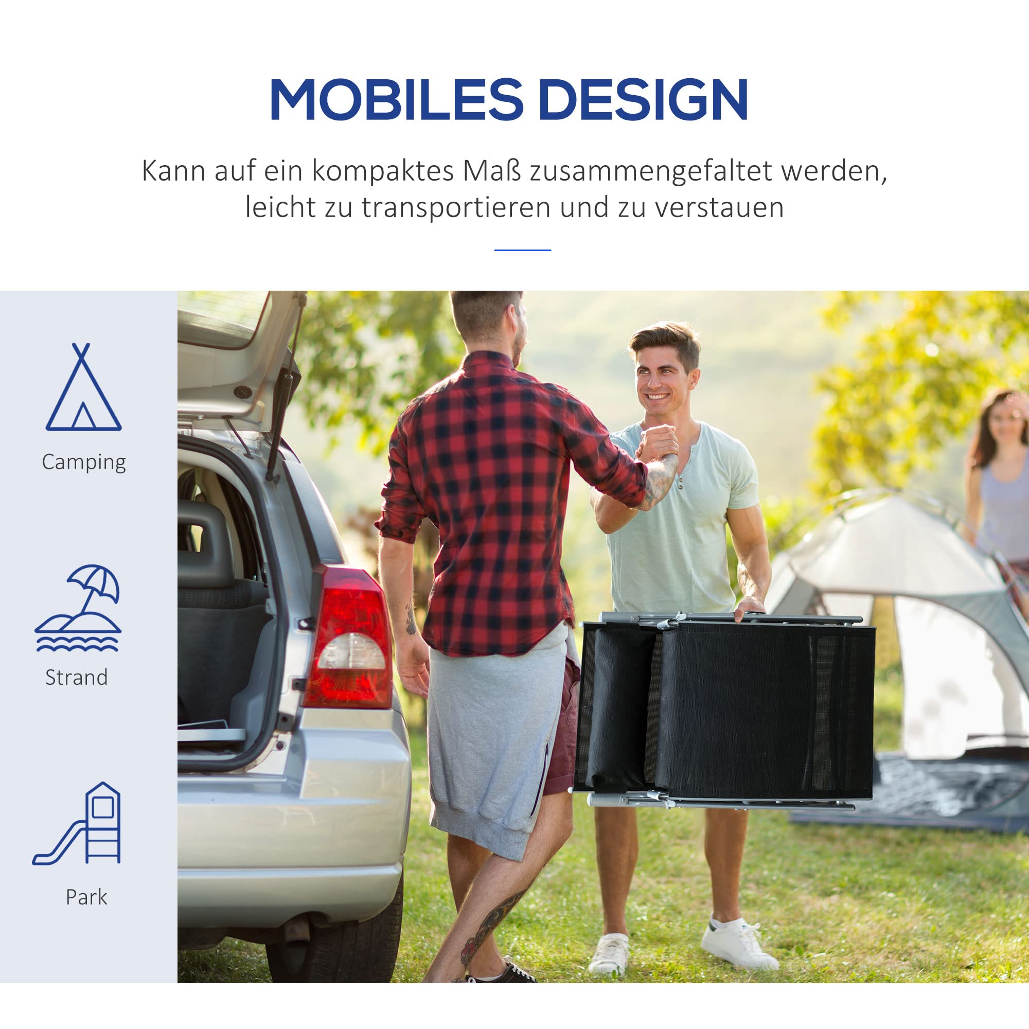Outsunny Sonnenliege klappbar mit Kopfkissen bis 165 kg Schwarz | Strandliege und Liegestuhl, 7-fach verstellbare Rückenlehne, Gartenliege Relaxliege Gartenstuhl für Outdoor Urlaub Garten