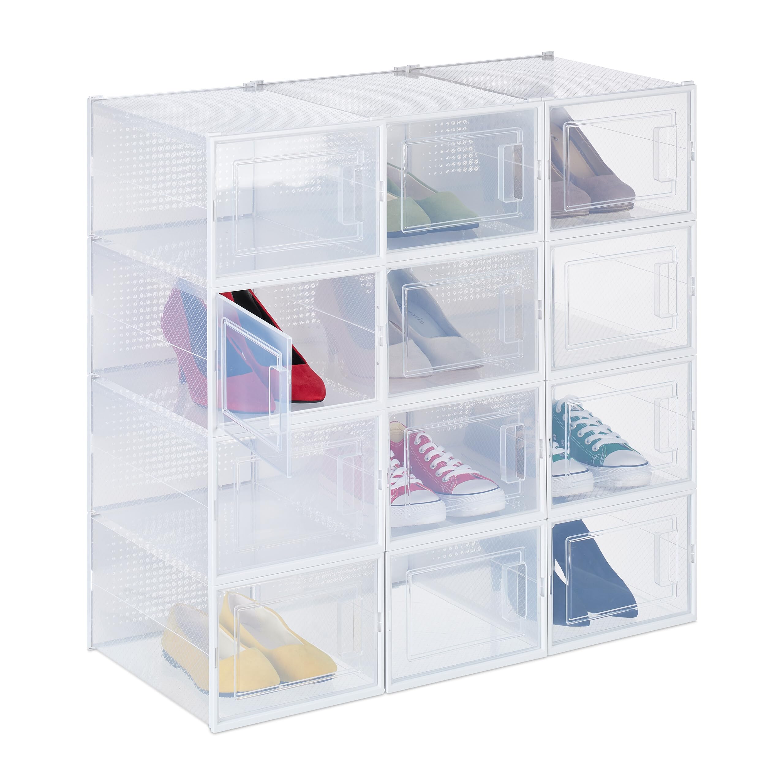 Relaxdays Set 12 Scatole di Plastica per Scarpe Fino al N. 47, Scarpiera con Box Impilabili, Shoe Organizer, Trasparenti