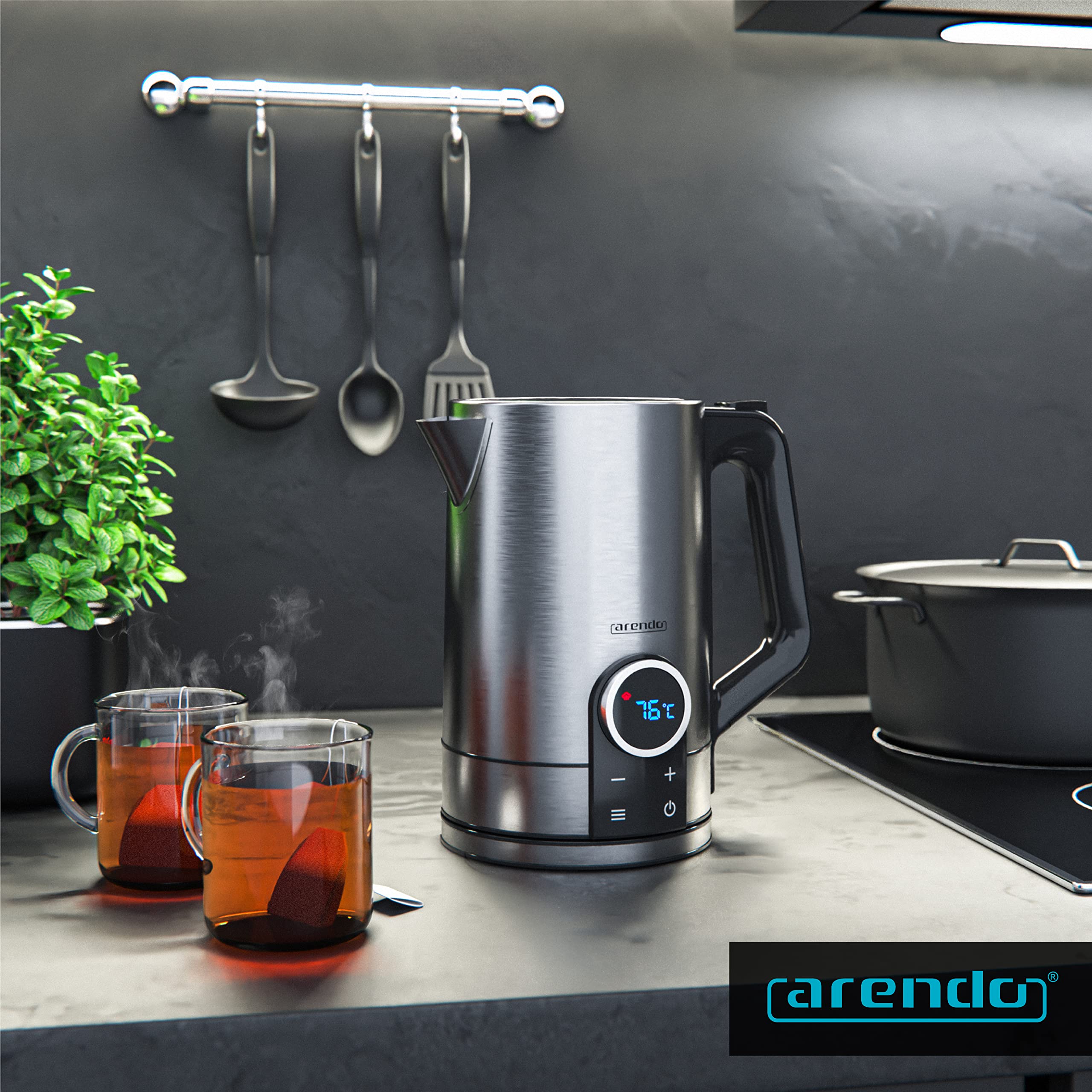 Arendo - Wasserkocher mit Temperatureinstellung - Edelstahl - Temperaturauswahl 40-100 Grad - LED Display - 1,7 Liter - 2200 W - Teekocher mit Temperaturanzeige - GS