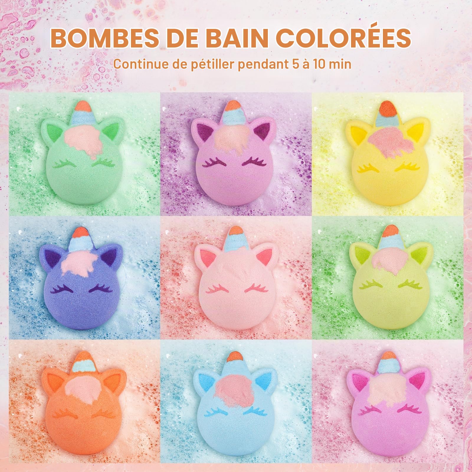 SHUCHING 9 XXL Boule de Bain Enfant avec Surprise, Coffret Bombe de Bain Licorne Fille Bio avec Bijoux pour Pâques Anniversaire