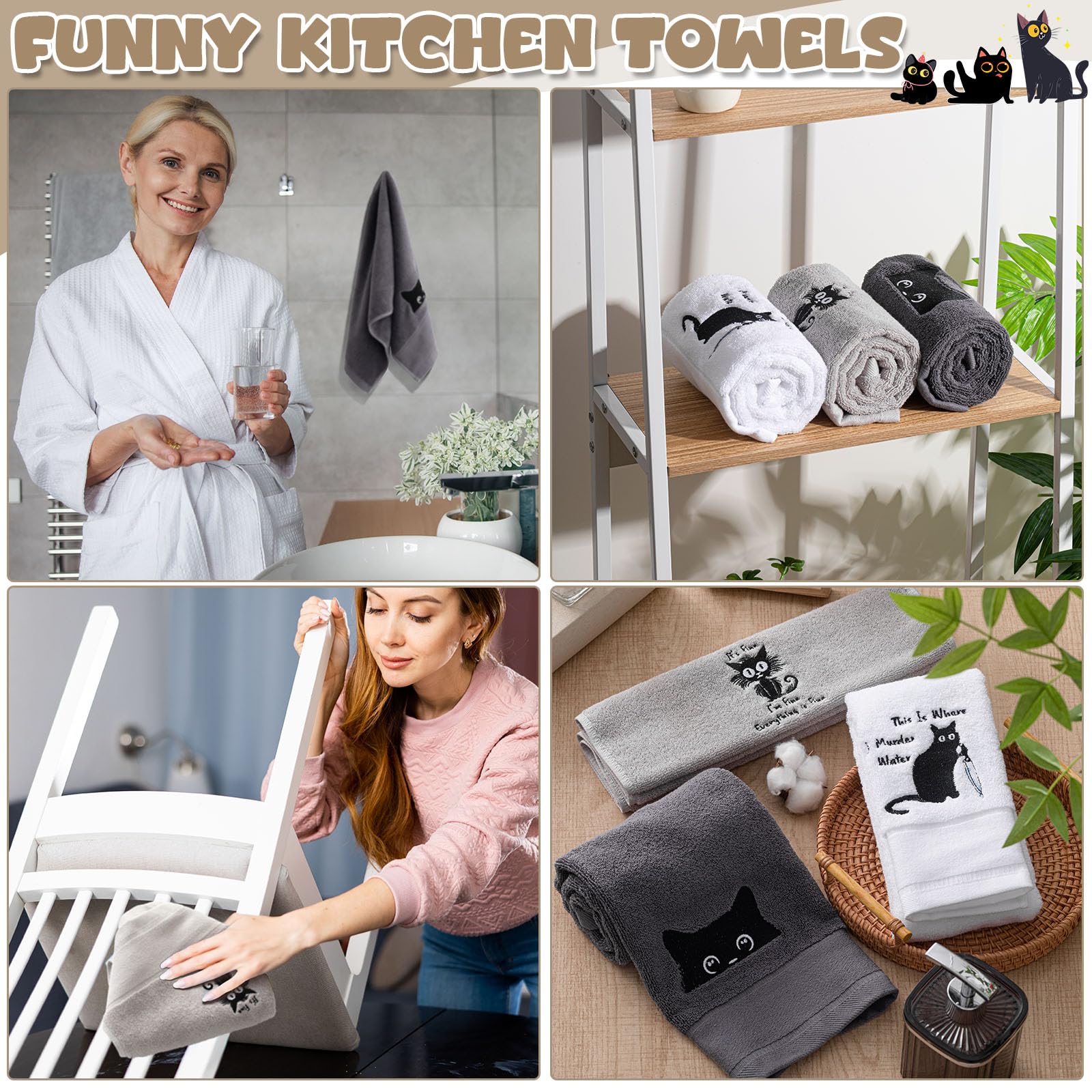 HunnmingRe 3 Toallas de Mano de Gato Negro para Cocina, 13.3 x 29.5 Pulgadas, Divertidas Decoraciones de baño, Lindas Toallas de Cocina de algodón para Amantes de los Gatos, Regalo para Mujeres,