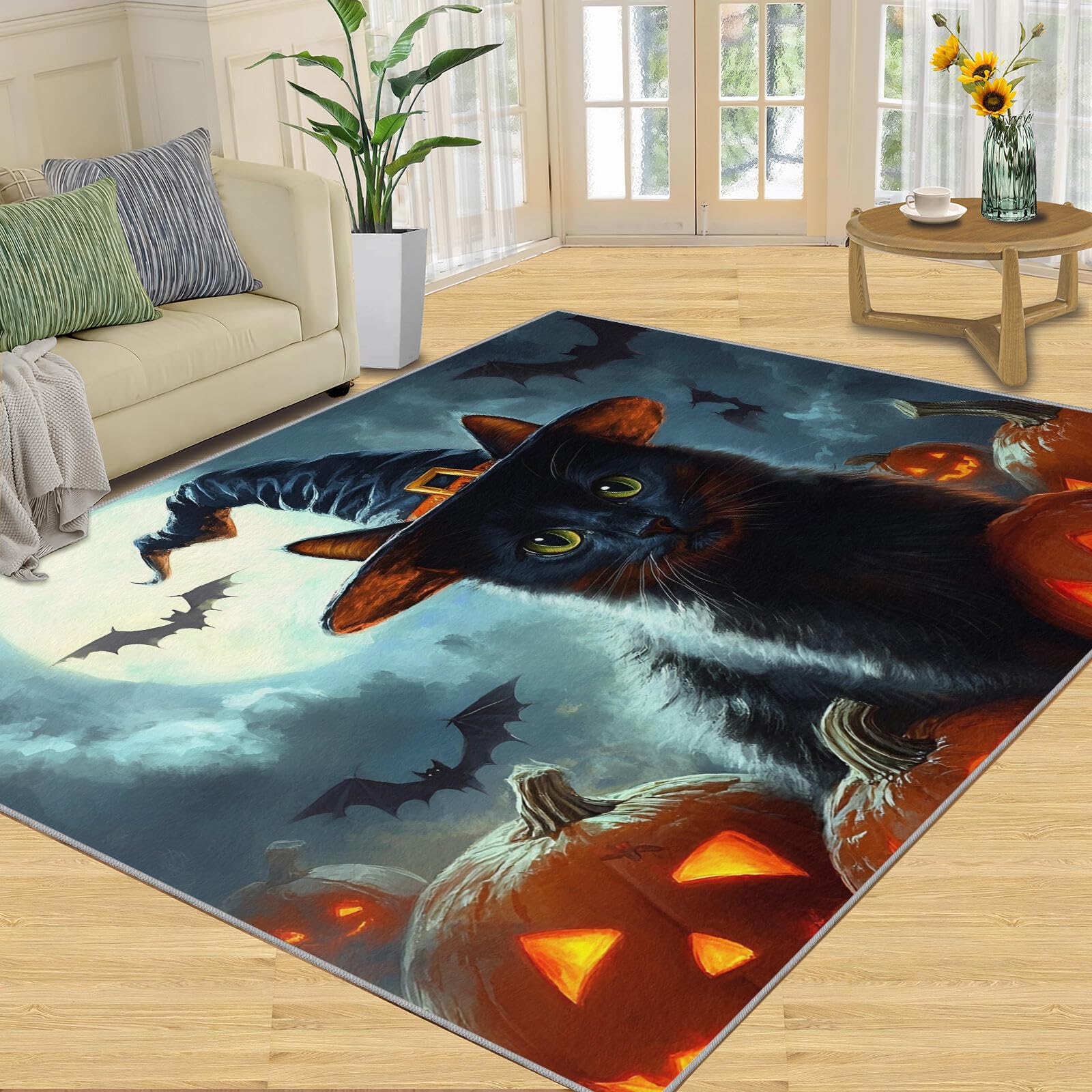 Tapis chat noir et citrouille 180x270cm antidérapant pour le salon