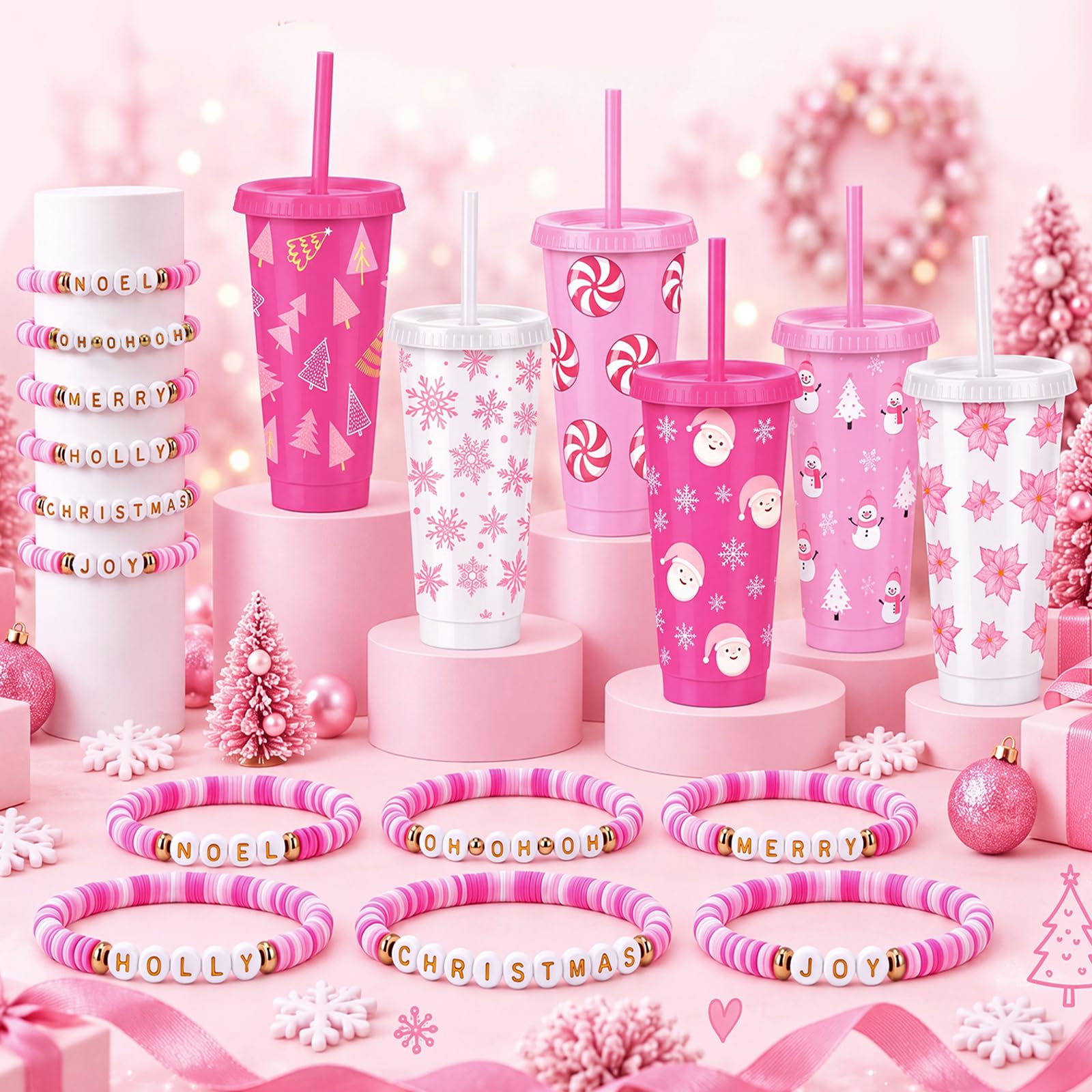FillTouch Regalos de Navidad rosa a granel, vasos de Navidad con tapas