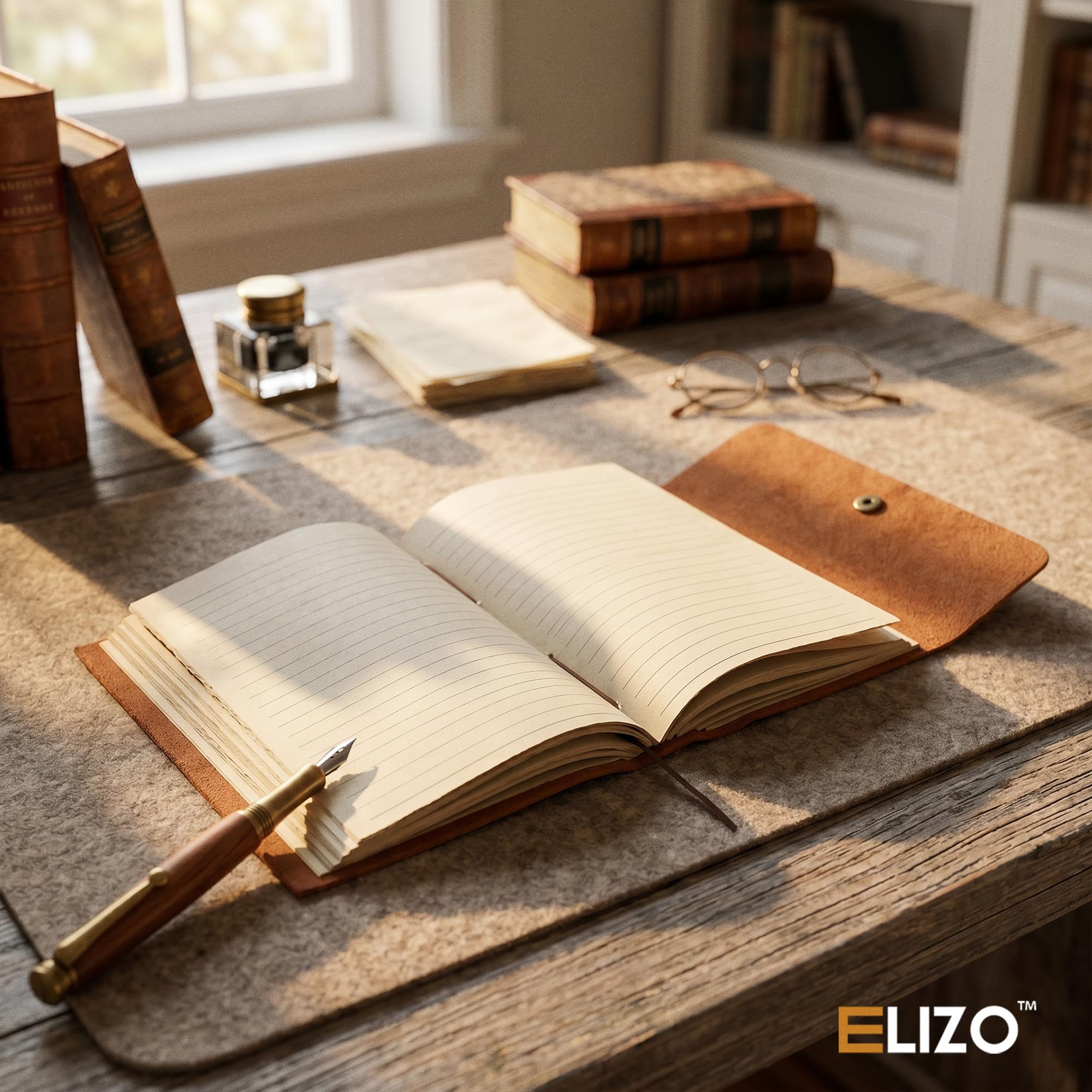 ELIZO Journal ligné relié en cuir – 200 pages, marron teck, 10,2 x 15,2 cm (A6), carnet de notes en cuir pour homme et femme, carnet de croquis, carnet de notes quotidien, journal de voyage