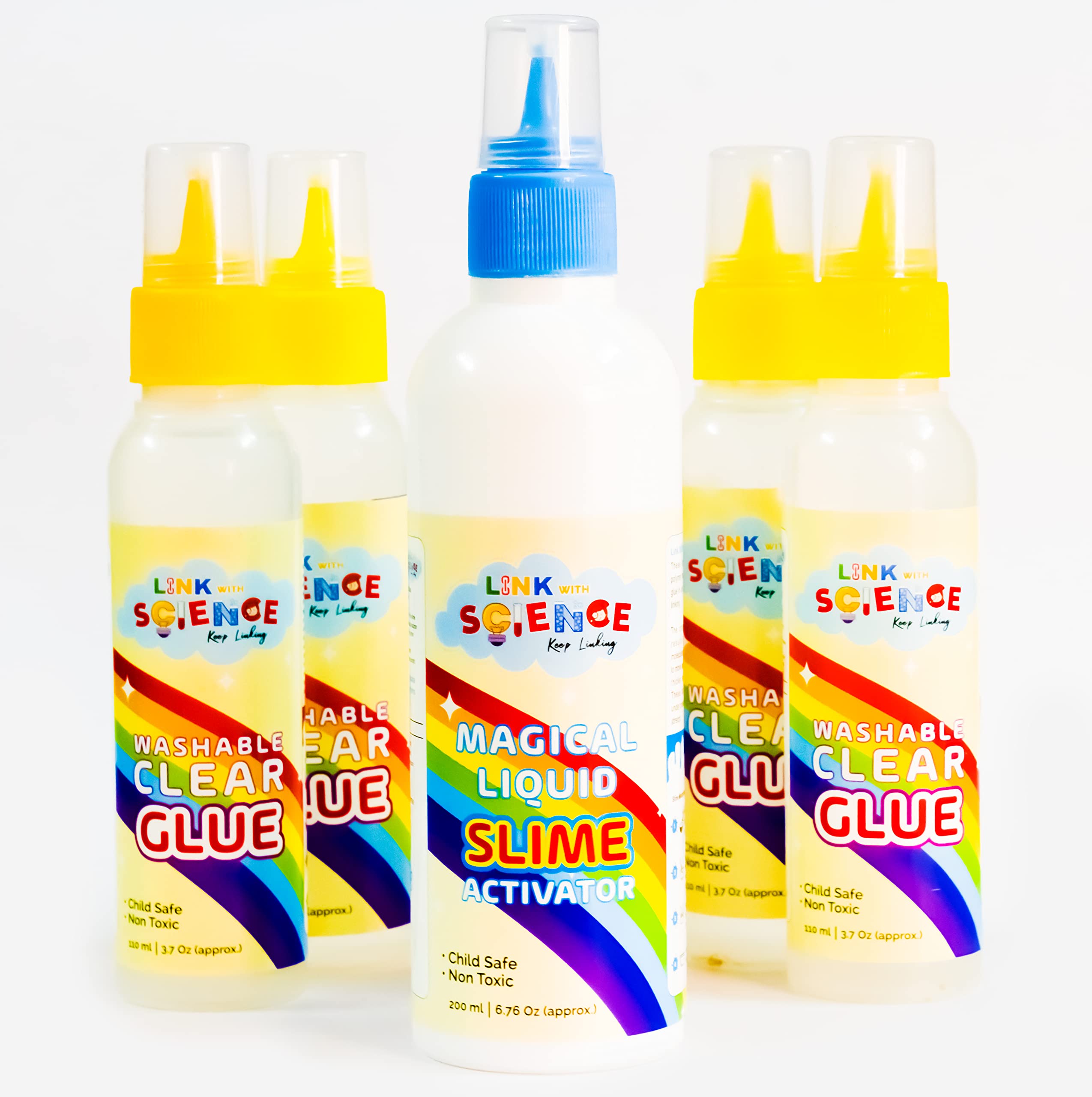 Link with Science Premium Slime Making Supplies Kit - Clear Slime, Craft Glue, and Magical Liquid Activator for Kids. Set of 5. Perfect for Making at Home.