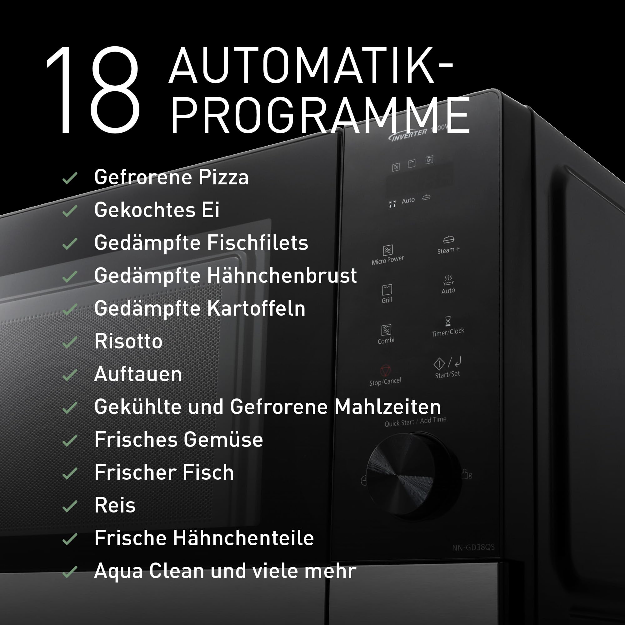Panasonic NN-GD38QSEPG 29L Grill-Mikrowelle mit Steam+ Pot, 1000 W, automatisches Auftauen, Kombinationsgaren, Timer, Schwarz & Edelstahl