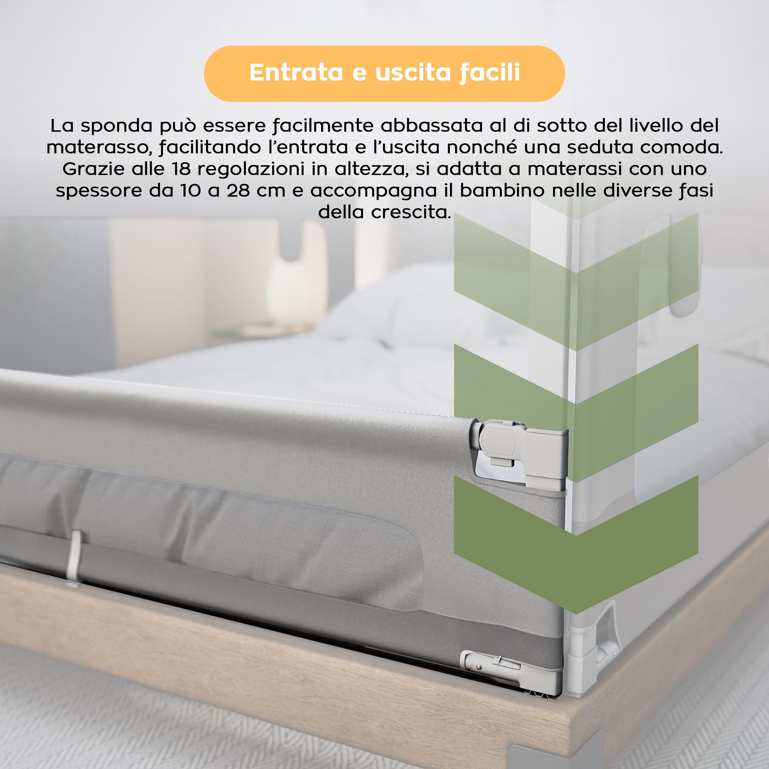 TULANO Cover 48 Barriera di sicurezza letto 180 cm – 18 livelli regolazione altezza – per materassi 10-28 cm – tessuto traspirante – angoli arrotondati – facile montaggio – bianco
