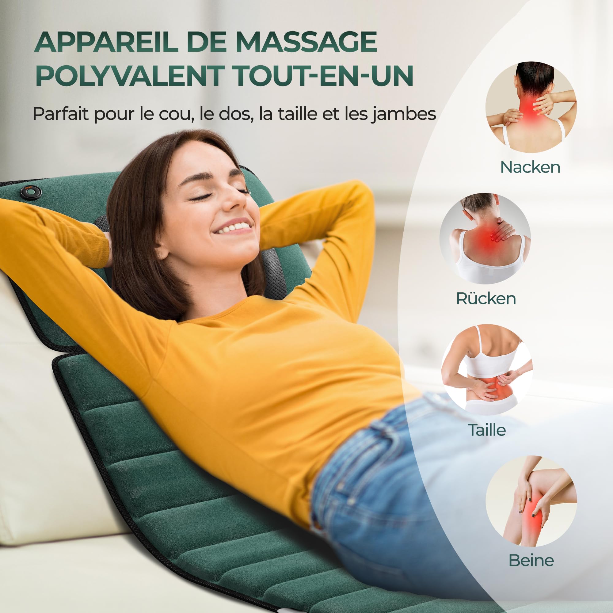 Tapis de Massage Shiatsu 3-en-1 : Masseur Cou Amovible, Matelas de Vibration Corps Entier avec Chaleur et Appareil de Massage des Pieds, Soulagement Dos et Jambes, Pliable, Velours, Vert