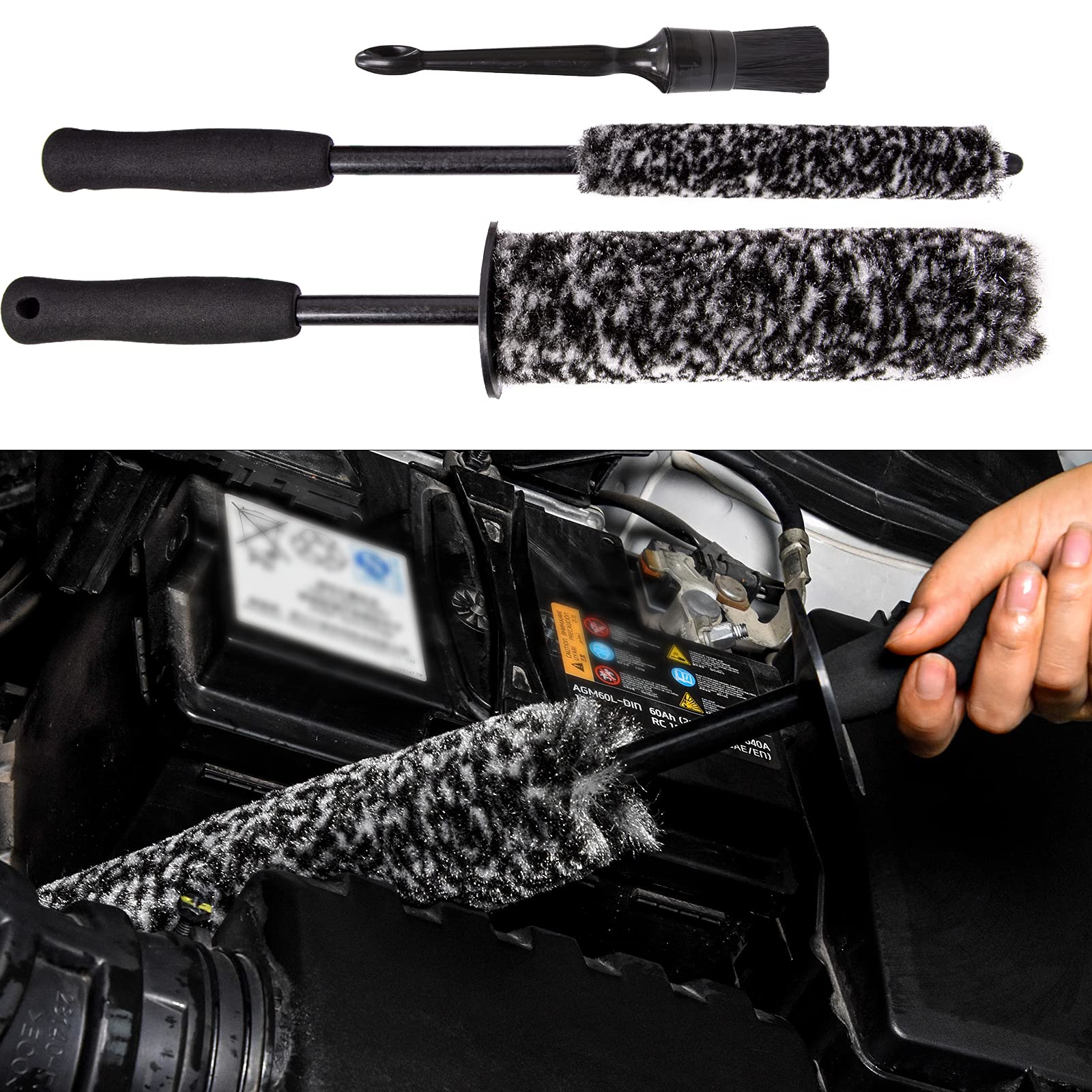 Car Wheel Rim Brush Kit, Woolies Wheel Brush, Car Cleaning Brush Fiber Rod, Steel Ring Fiber Cleaning Brush, Long Non-Slip Handle Clean Brush, Great to Clean Car Wheel Rim