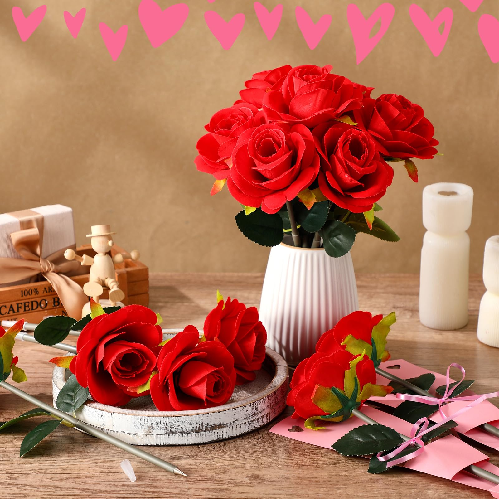 Feifeiya Lot de 30 stylos à bille en forme de rose rouge avec cartes de remerciement, fête des mères, Saint-Valentin, cadeau pour mariage, anniversaire, fête, bureau, fournitures scolaires